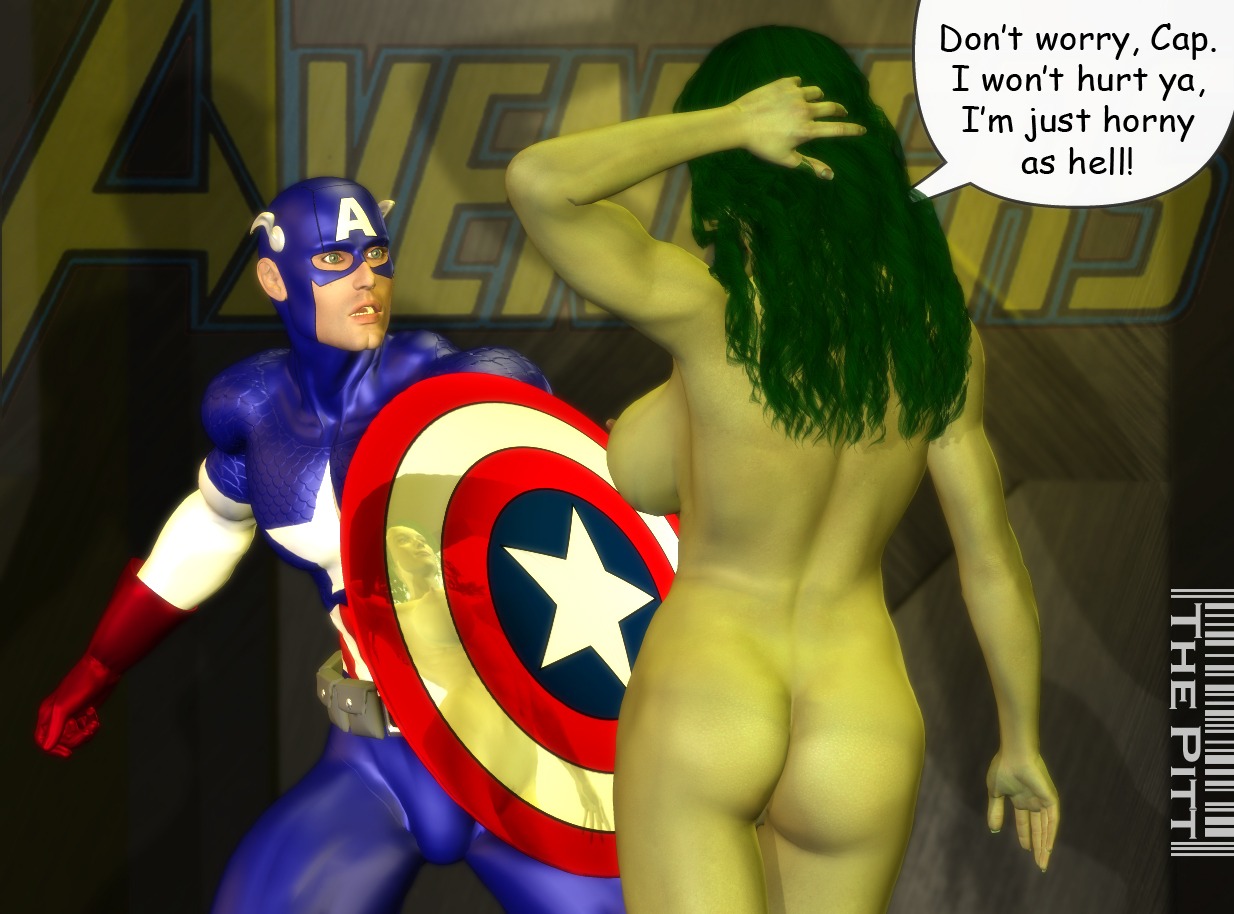 1boy 1girls 3d ass avengers big_breasts blue_eyes breasts bulge captain_america captain_america_(series) clothed_male_nude_female dialogue english_text female green_hair green_skin hulk_(series) large_breasts long_hair male marvel marvel_comics mask muscular muscular_female nipples nude nude_female open_mouth pubic_hair reflection rule34 she-hulk shield sideboob smile speech_bubble text the_pitt