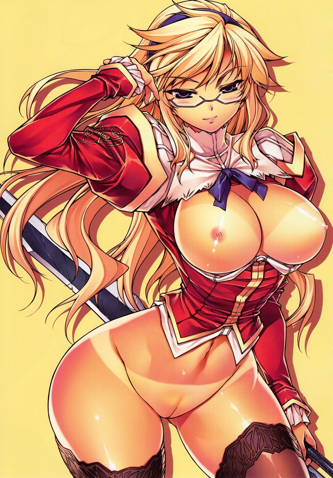 black_legwear blonde_hair blue_eyes blush bottomless bow breasts clothing cross_make female freezing_(series) glasses hairband headband highres hips large_breasts long_hair mound_of_venus navel nipples no_bra no_panties pointy_chin pussy rule34 satellizer_el_bridget solo soo-hyon_lee sword tan tanline thighhighs uncensored weapon wide_hips