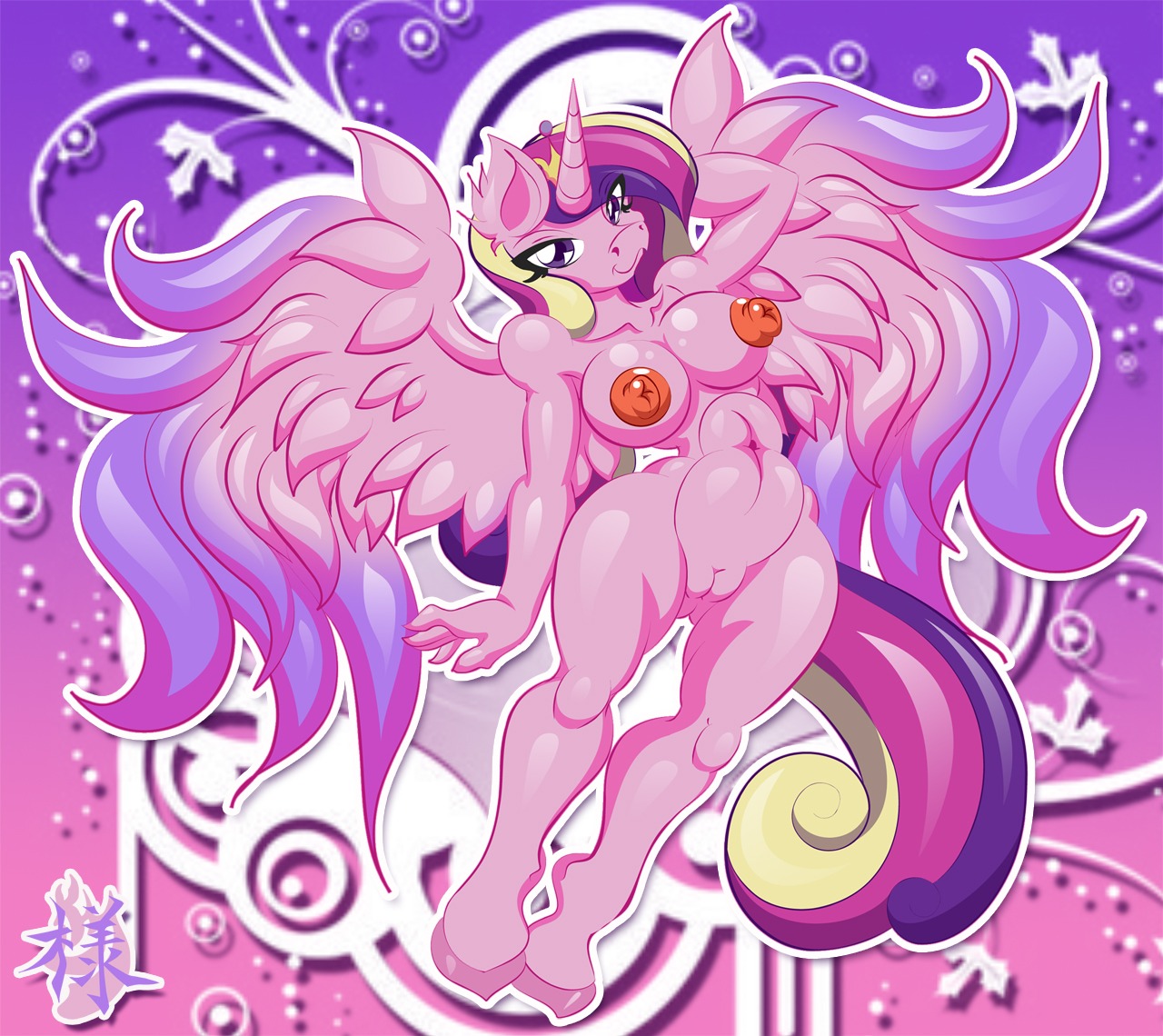 2012 anthro anthrofied breasts crown e621 equid equine feathered_wings feathers female friendship_is_magic fur genitals hair hasbro headgear hooves horn mammal mane multicolored_hair my_little_pony mythological_creature mythological_equine mythology navel nipples pink_body pink_feathers pink_fur princess princess_cadance_(mlp) purple_eyes royalty smile solo srklmsama tail vulva winged_unicorn wings