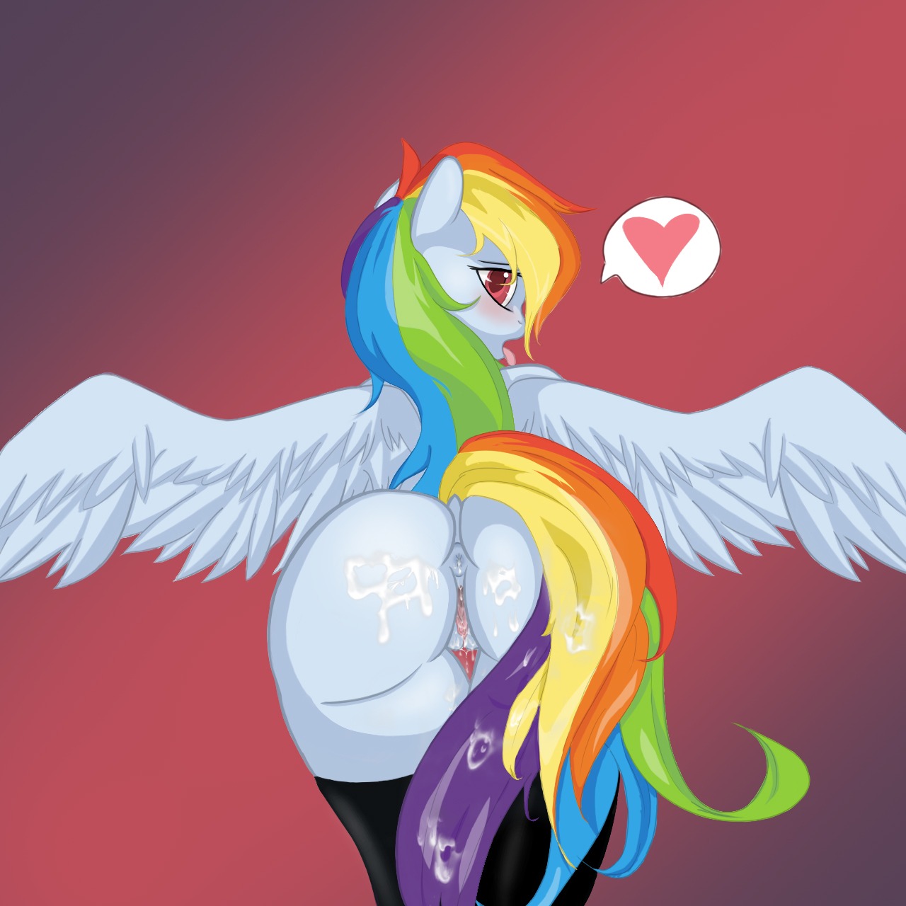 1:1 2014 anus ass-stalker blue_body blue_feathers blue_fur blush bodily_fluids butt clothing cum cum_on_butt e621 equid equine feathered_wings feathers female feral friendship_is_magic fur genital_fluids genitals hair hasbro hi_res legwear looking_at_viewer looking_back mammal multicolored_hair multicolored_tail my_little_pony mythological_creature mythological_equine mythology open_mouth pegasus presenting presenting_hindquarters presenting_vulva rainbow_dash_(mlp) rainbow_hair rainbow_tail rear_view red_eyes simple_background solo stockings tail tongue tongue_out vaginal_fluids vulva wings