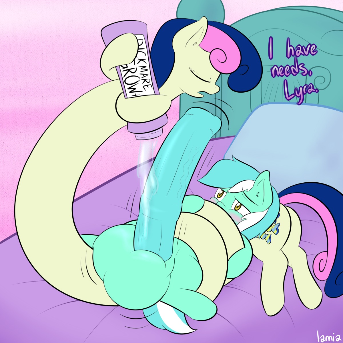 1:1 2013 amber_eyes animal_genitalia animal_penis balls bed big_balls big_penis bonbon_(mlp) cutie_mark digital_media_(artwork) duo e621 earth_pony english_text equid equine equine_genitalia equine_penis erection eyes_closed female feral friendship_is_magic furniture furry_logic genitals growth gynomorph hair hasbro hi_res horn horse intersex lamiaaaa lyra_heartstrings_(mlp) mammal multicolored_hair my_little_pony mythological_creature mythological_equine mythology penis pony quadruped signature tail text two_tone_hair unicorn vein what_has_magic_done