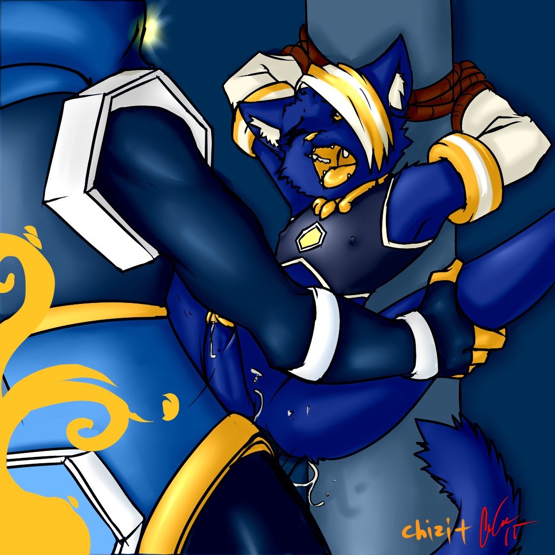 anal anthro arms_tied bondage chizi cum e621 esix eyes_open feline gay hexerade humanoid_penis keishinkae male mascot one_closed_eyes open_mouth penis rule34