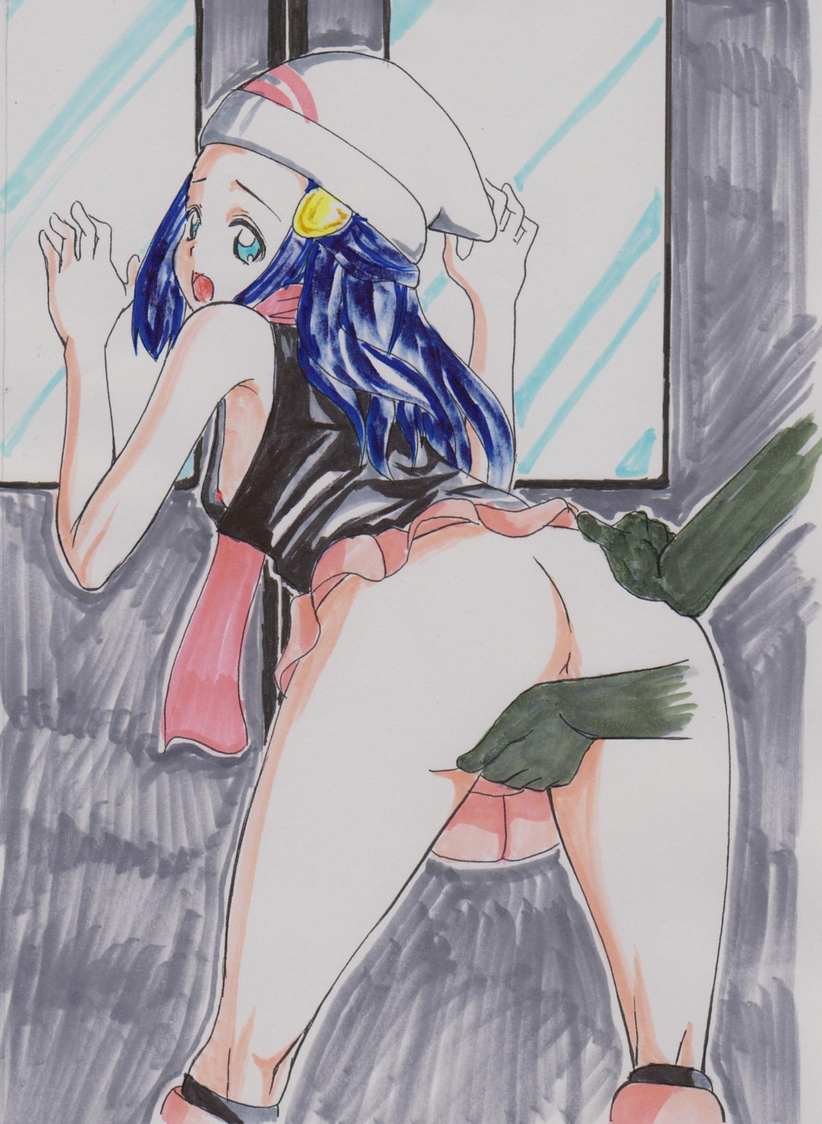 ass back_view beanie blue_hair clothes color dawn_(pokemon) female fingering hair hat looking_back nintendo pokemon rule34 tagme