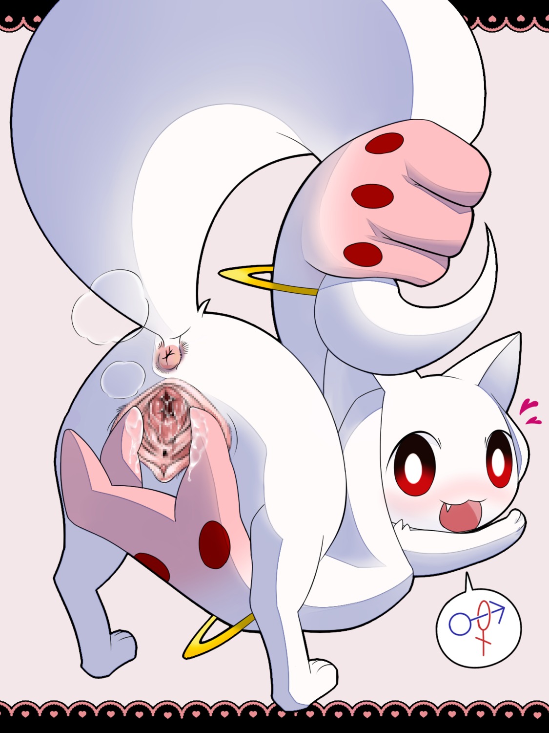 3:4 anus ass_up blush bodily_fluids censored clitoris domestic_cat e621 felid feline felis female feral genital_fluids genitals heart_symbol hi_res incubator_(puella_magi) kyubey long_inner_ear_fluff looking_at_viewer looking_back lying mammal mosaic_censorship on_front open_mouth prehensible_ears presenting puella_magi puella_magi_madoka_magica raised_tail red_eyes ring solo spread_vulva spreading tail teeth vaginal_fluids vulva watarai_minato