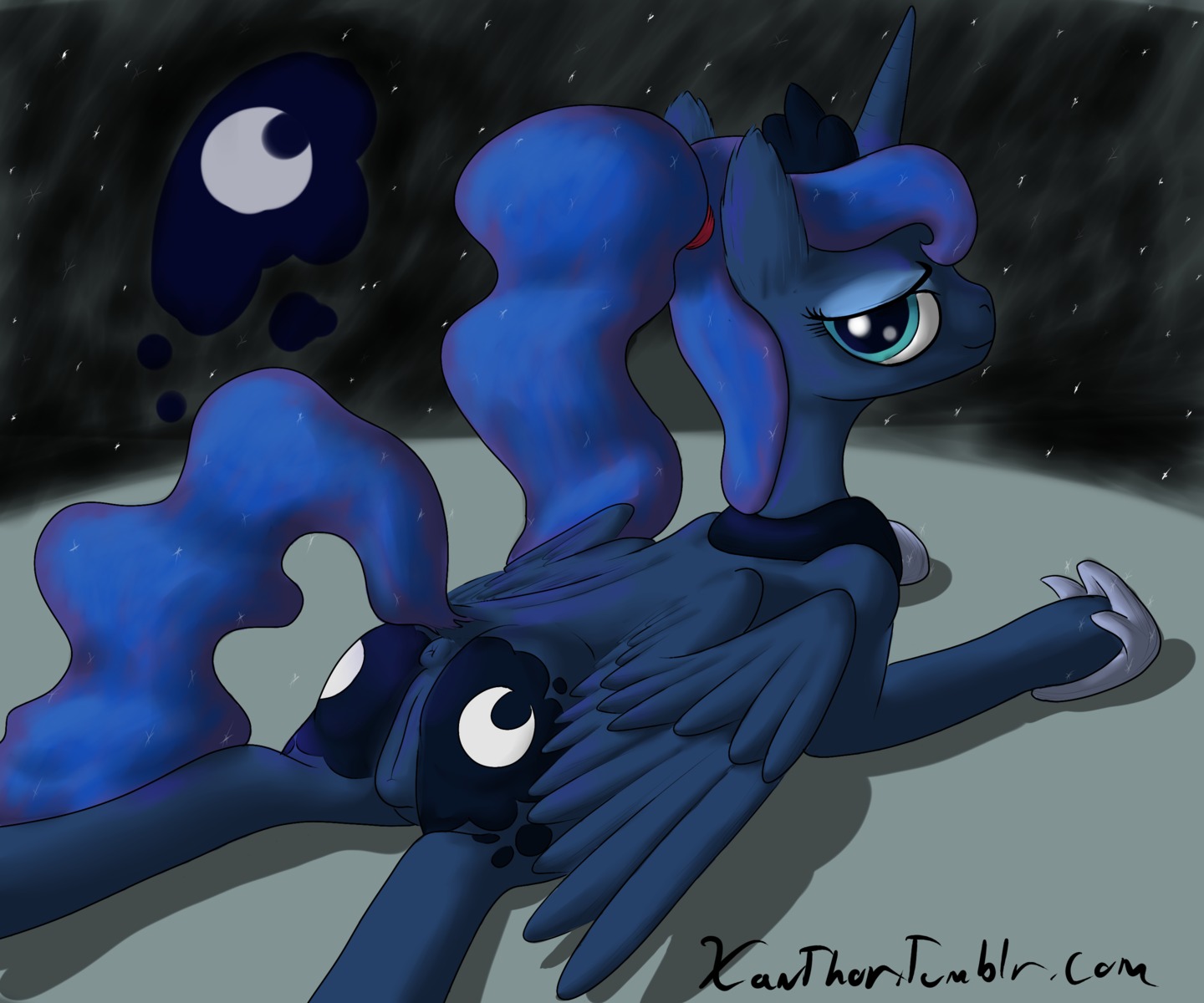 2013 6:5 absurd_res anus blue_body blue_eyes blue_feathers blue_fur blue_hair butt cutie_mark e621 english_text equid equine feathered_wings feathers female feral friendship_is_magic fur genitals hair hasbro hi_res horn looking_at_viewer looking_back lying mammal my_little_pony mythological_creature mythological_equine mythology on_front ponytail princess_luna_(mlp) smile solo text vulva winged_unicorn wings xanthor