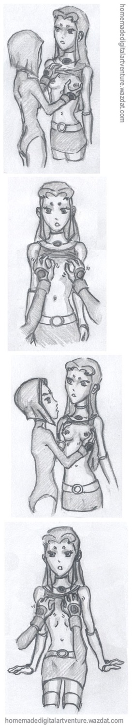 dc dc_comics female greyscale hdav multiple_females multiple_girls rachel_roth raven_(dc) rule34 signature starfire straight_hair teen_titans text