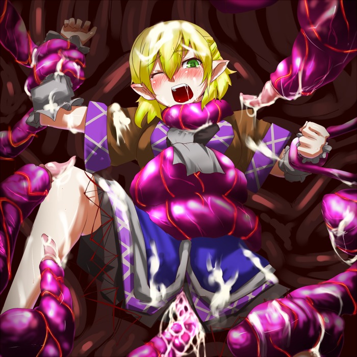 arm_warmers blonde_hair blush female green_eyes mizuhashi_parsee pointy_ears rape rule34 scarf short_hair slime solo soubi tentacle touhou wince