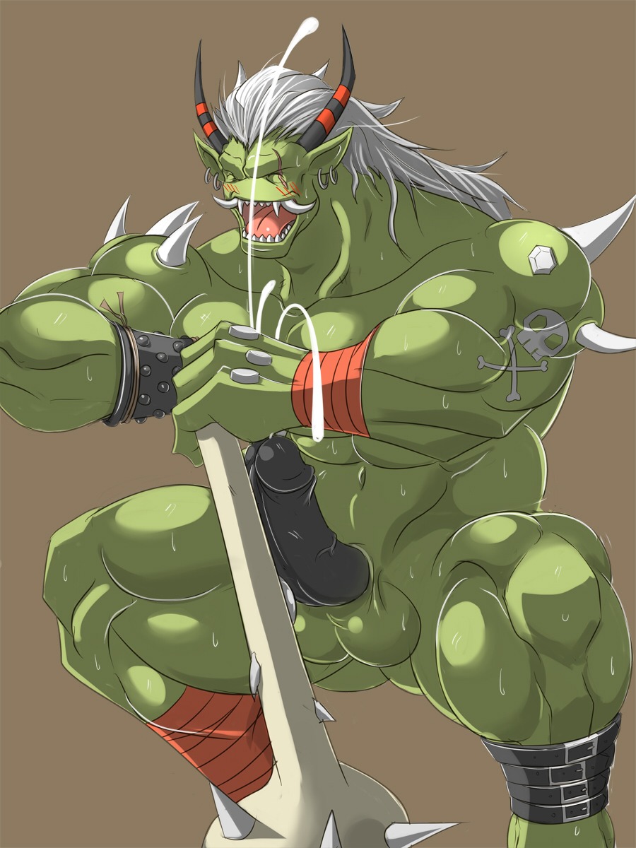 2012 3:4 abs animal_genitalia anthro athletic balls bandai_namco biceps big_balls big_muscles big_penis biped black_glans black_penis blush bodily_fluids bone crouching cum cumshot digimon digimon_(species) e621 ear_piercing ejaculation erection eyes_closed fangs genital_fluids genitals glans green_balls green_body green_skin hair hands-free hi_res horn humanoid humanoid_genitalia humanoid_penis male muscular muscular_anthro muscular_male nude ogre ogremon open_mouth orgasm pecs penis piercing reclamon scar sheath solo spikes sweat tattoo teeth tongue vein weapon white_hair