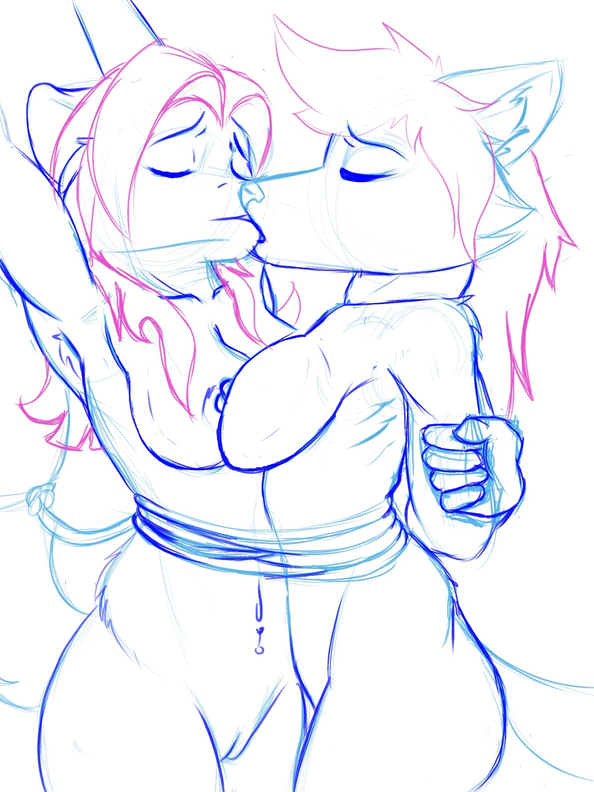 3:4 absurd_res acethebigbadwolf anthro bdsm bondage bound bound_together breasts canid canine character_request cobondage collar duo e621 eyes_closed female female/female fur genitals hair hi_res kissing long_hair mammal navel nipples nude piercing rope sketch standing submissive submissive_female tail vulva