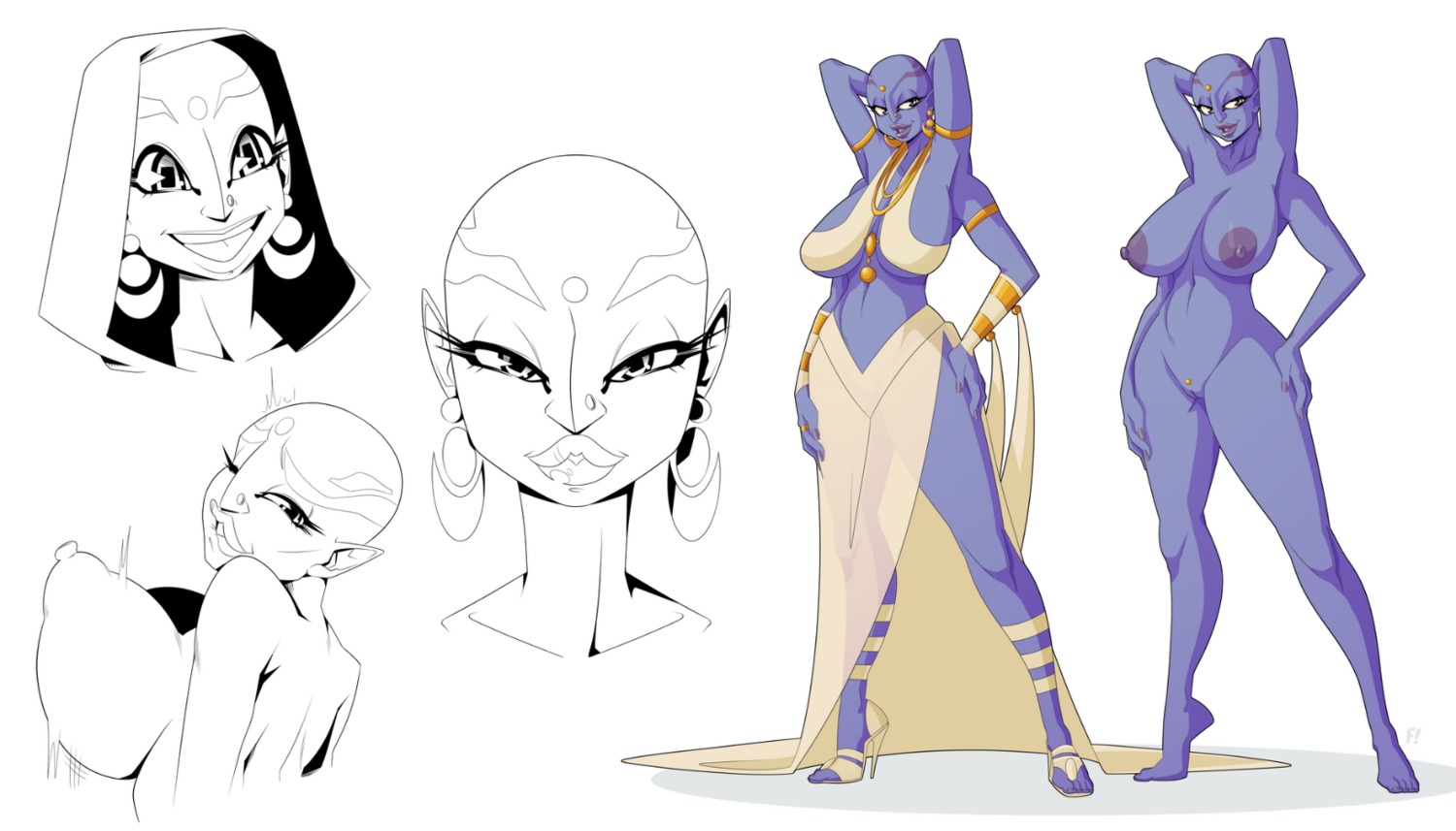 2014 4_arms alien areola bald big_breasts blue_body blue_skin breasts cel_shading clothing curvy_figure dress e621 ear_piercing facial_piercing female flashspot footwear genital_piercing genitals gold_(metal) hi_res high_heels hollandworks hood humanoid humanoid_pointy_ears jewelry lips model_sheet multi_arm multi_limb nails necklace nipples nose_piercing not_furry nude open_mouth piercing pointy_ears purple_eyes purple_lips purple_nipples shaded shoes simple_background smile solo standing tattoo teeth voluptuous vulva white_background zyhra_arrakis
