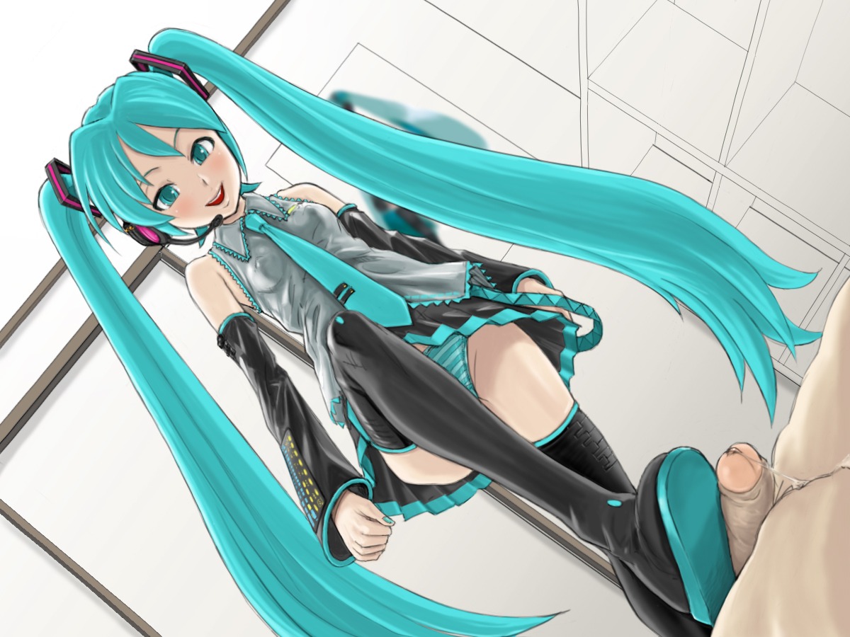 1boy 1girl aqua_eyes aqua_hair boot_fetish bootjob boots detached_sleeves dutch_angle erect_nipples female hatsune_miku headset hetero long_hair male necktie nipples panties pantyshot penis pierre_iwashi precum rule34 shoejob skirt smile solo_focus striped striped_panties thigh_boots thighhighs tied_hair twintails uncensored underwear upskirt very_long_hair vocaloid