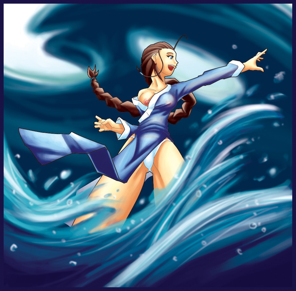 1girls artist_request avatar_legends avatar_the_last_airbender breasts clothing dark-skinned_female dark_skin female female_only human katara large_breasts panties rule34 see-through see-through_clothing solo straight_hair water water_tribe waterbending