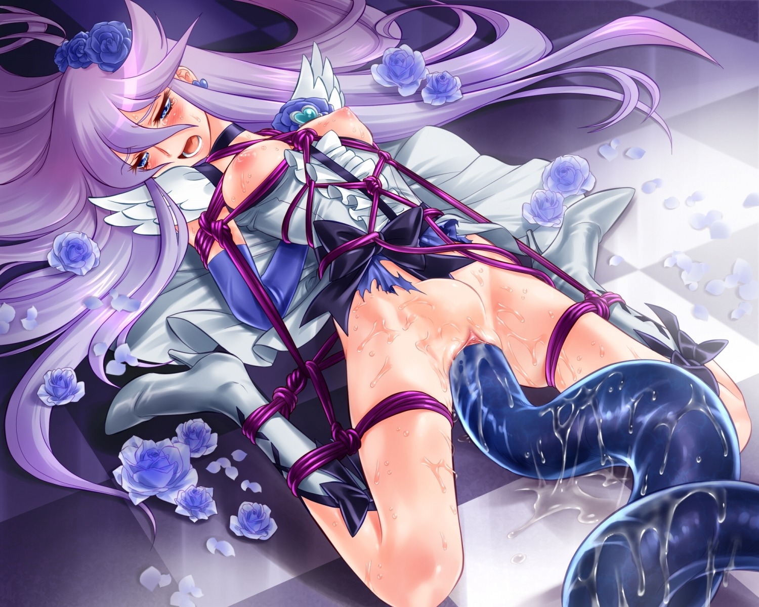 blush bondage boots breasts checkered checkered_floor clitoris clothed_sex clothing cure_moonlight female flower heartcatch_precure! heartcatch_pretty_cure! highres large_breasts long_hair magical_girl monster nekozawa_yukari nipples nopan open_mouth oppai penetration precure pretty_cure purple_hair pussy rape restrained rope rose roses rule34 slime small_breasts spread_legs stomach_bulge tears tentacle torn_clothes tsukikage_yuri uncensored vagina vaginal_insertion vaginal_penetration