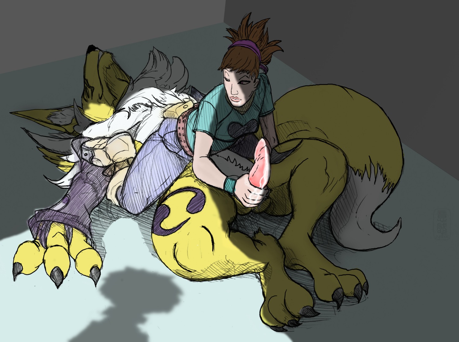 1boy 1girls anthro anthro_male_on_human_female anthro_on_female anthro_on_human barefoot canid canine color colored dark digimon digiphilia female female_human female_human/male_anthro fur furry fydbac handjob human indoors interspecies male male/female male_anthro male_anthro/female_human male_digimon male_digimon/female_human male_renamon nude renamon rika_nonaka rule34 tagme