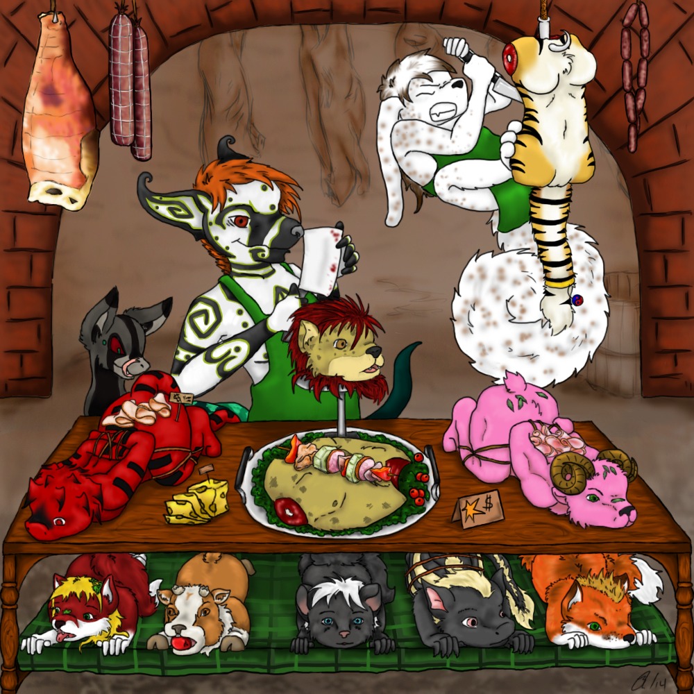 1:1 aemi amputation anthro apple arms_tied blood blood_on_object blood_on_weapon bodily_fluids bound bovid butcher canid canine caprine character_prepared_as_food cheese cleaver_(knife) counter cutlery dairy_products decapitation dismemberment e621 felid female food food_dressed fox fruit fully_bound furniture furx_(character) gore gore_focus group hands_behind_back kebab kitchen_knife kitchen_utensils knife lizard male mammal meat meat_hook mouse murid murine pantherine plant plate reptile rodent sausage scalie severed_body_part severed_head sign table tablecloth tamara tiger tools weapon what