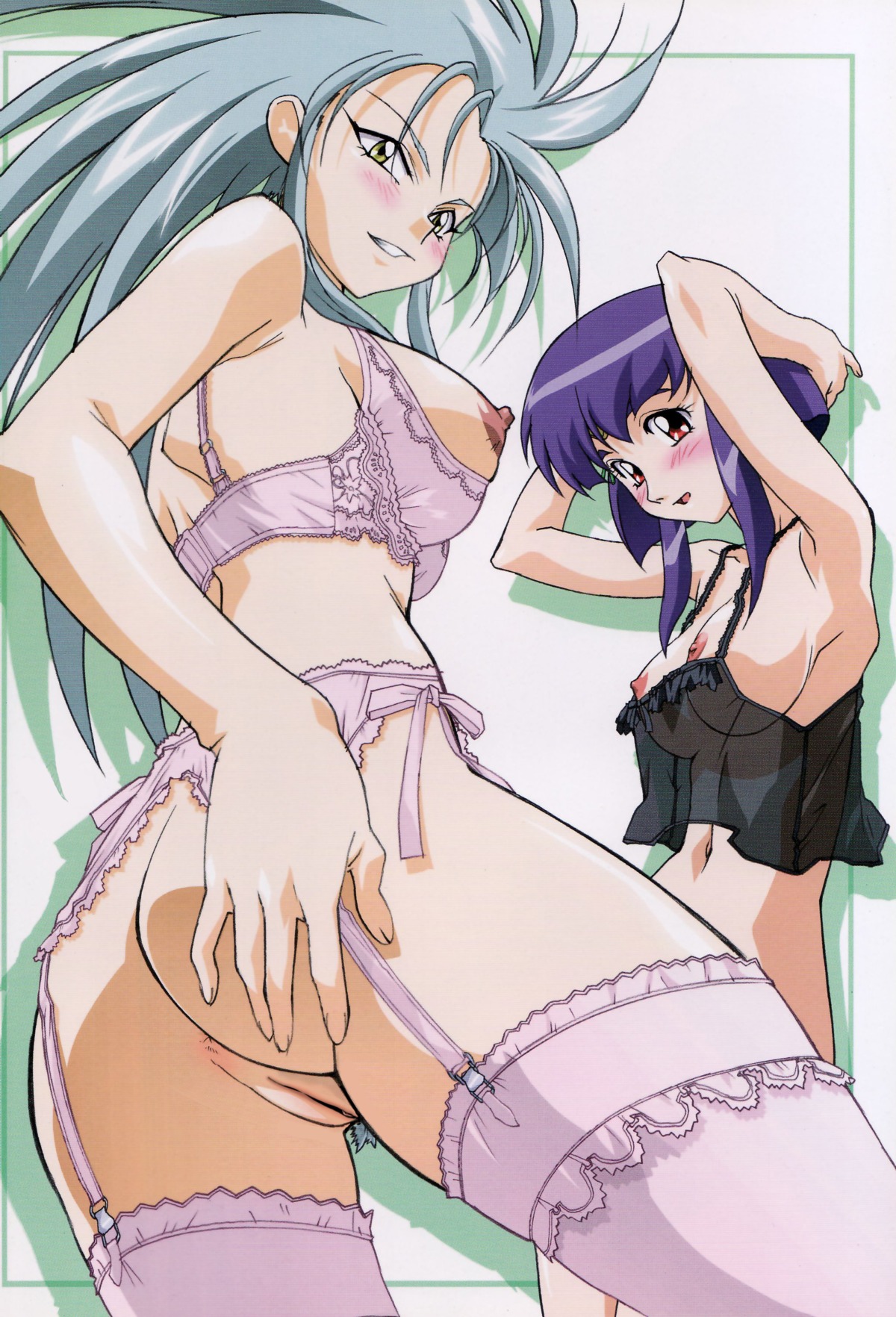 ass ayeka_masaki_jurai blush bottomless bra breasts camisole decensored female garter_belt high_resolution lingerie long_hair nipples photoshop pink_bra pussy rule34 ryoko_hakubi see-through tenchi_muyo! thighhighs uncensored underwear