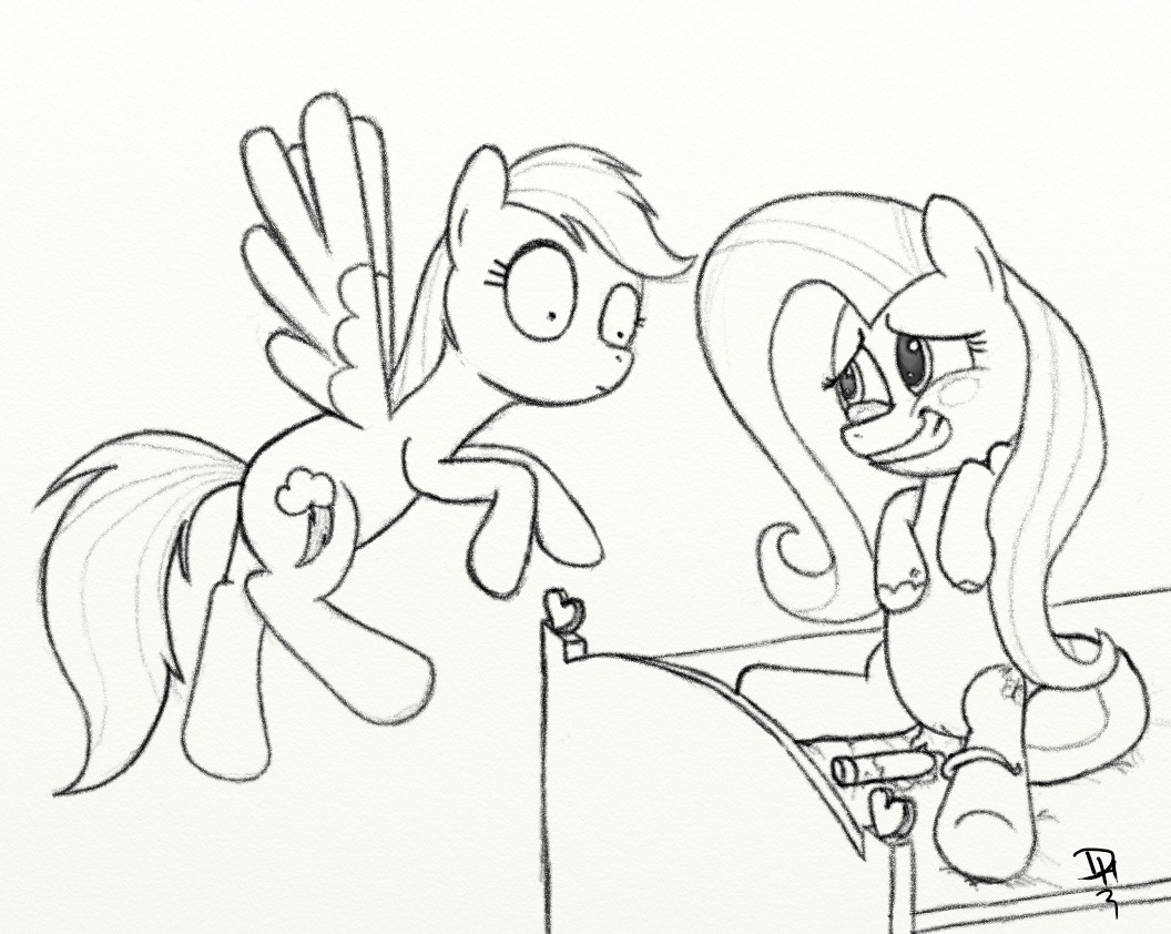 bed blush bodily_fluids cutie_mark digital_media_(artwork) dildo duo e621 equid equine feathered_wings feathers female feral fluttershy_(mlp) friendship_is_magic furniture genital_fluids genitals hasbro john_joseco mammal mane monochrome my_little_pony mythological_creature mythological_equine mythology pegasus quadruped rainbow_dash_(mlp) sex_toy tail vaginal_fluids vulva wing_boner wings