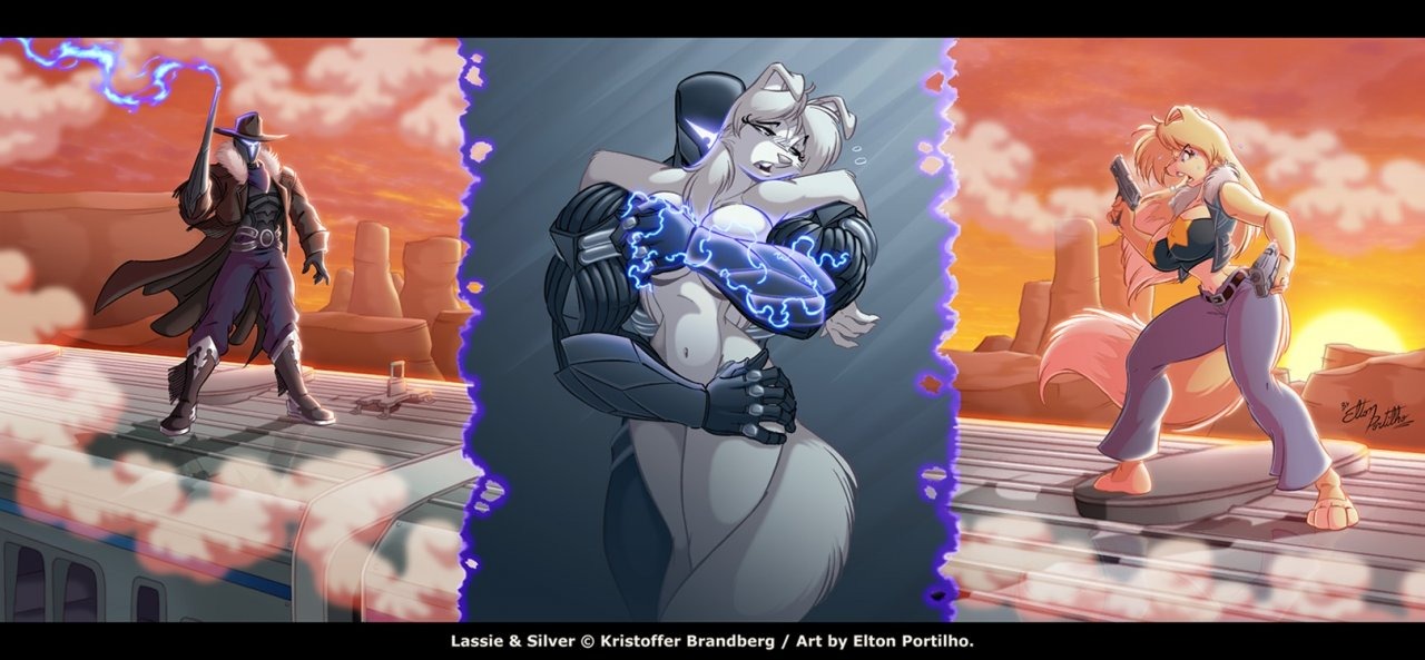 animal_ear anthro big_breasts blonde_hair border_collie breast_grab breasts canine censored cleavage clothed clothing cyborg electrocuted eltonpot female groping gun hair hi_res lassie long_hair molestation navel nude robot rule34 standing tail train weapon wide_hips