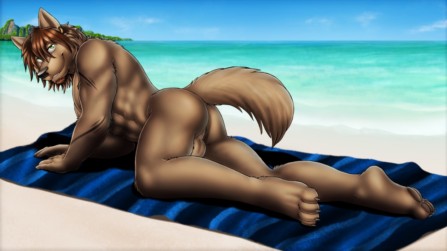 16:9 abs all_fours anthro backsack balls beach beard biceps biped black_nose brown_hair butt canid canine canis claws cloud detailed_background dream_and_nightmare e621 ear_piercing facial_hair fur genitals goatee green_eyes hair hi_res jake_(lyk) jake_willow looking_at_viewer looking_back male mammal muscular muscular_anthro muscular_male nude nude_beach on_towel outdoor_nudity outside piercing pinup pose sand sea seaside short_hair sky smile solo tattoo teeth toe_claws towel water widescreen wolf