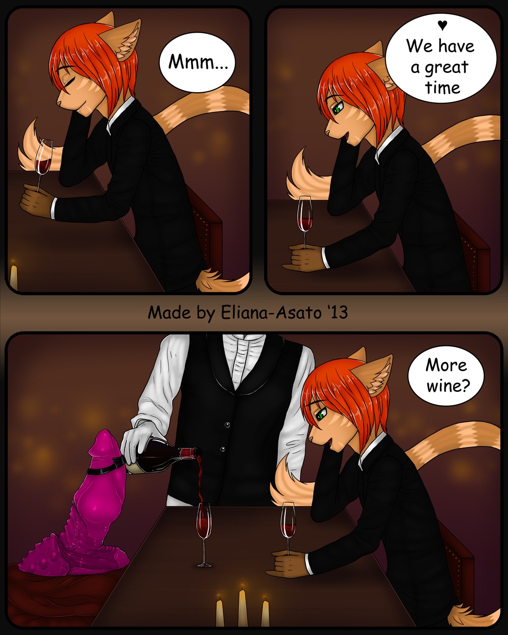 2013 4:5 alcohol anthro bad_dragon beverage big_dildo candle clothed clothing comic dildo domestic_cat duo e621 eliana-asato felid feline felis femboy food fully_clothed ginger_(iginger) green_eyes hair hi_res male mammal orange_hair pink_dildo restaurant sex_toy short_hair suit tail waiter wine xar