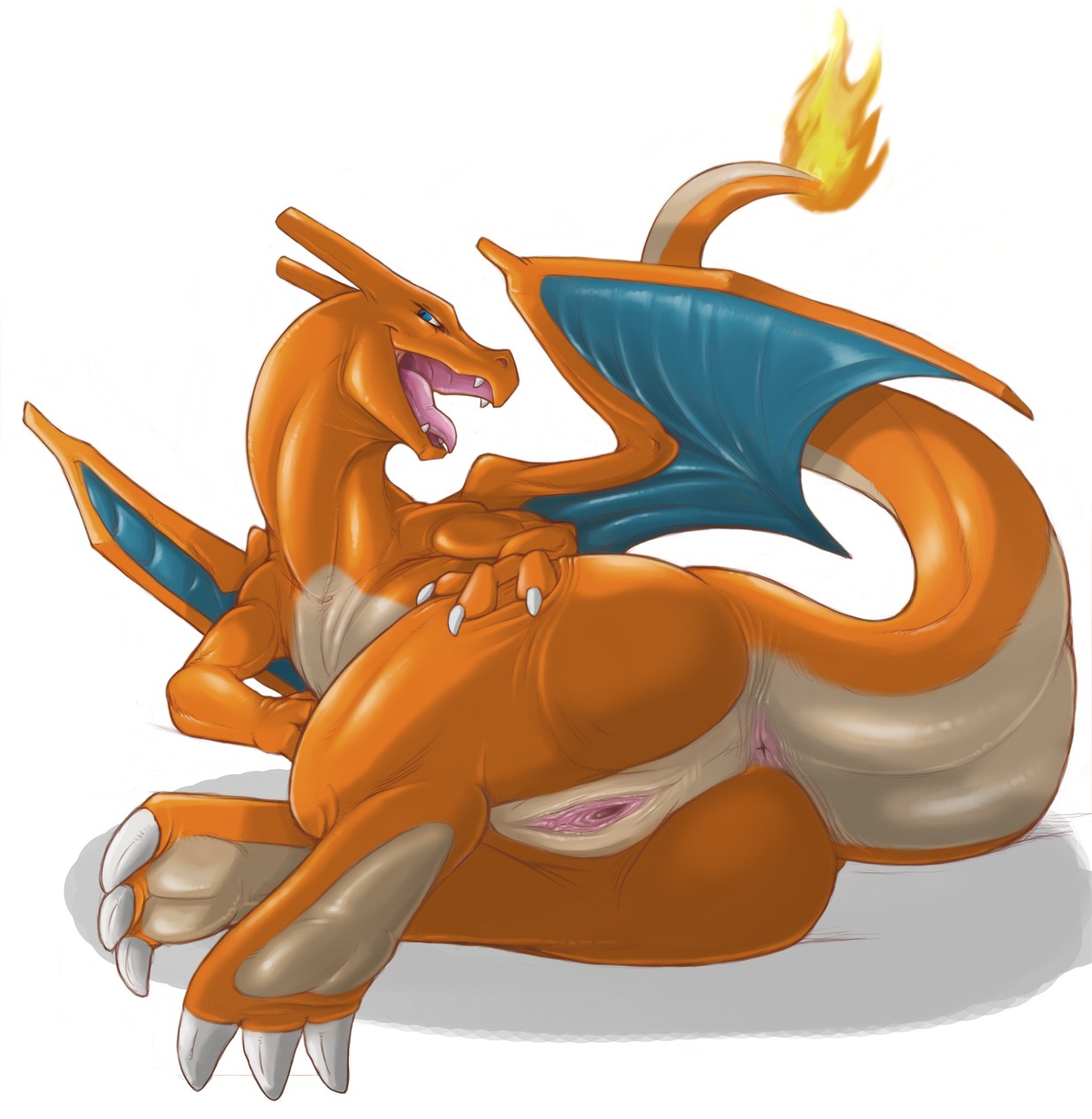 2012 3_toes anus bedroom_eyes big_butt blue_eyes butt charizard claws dragon e621 european_mythology fangs feet female female_feral feral fire flaming_tail generation_1_pokemon genitals hi_res hindpaw horn looking_back lying membrane_(anatomy) membranous_wings mythological_creature mythological_scalie mythology narrowed_eyes narse nintendo nude on_side open_mouth open_smile orange_body orange_skin paws pokemon pokemon_(species) presenting presenting_hindquarters raised_tail rear_view reclining scalie seductive simple_background smile solo tail teeth third-party_edit toes tongue vulva western_dragon white_background wide_hips wings