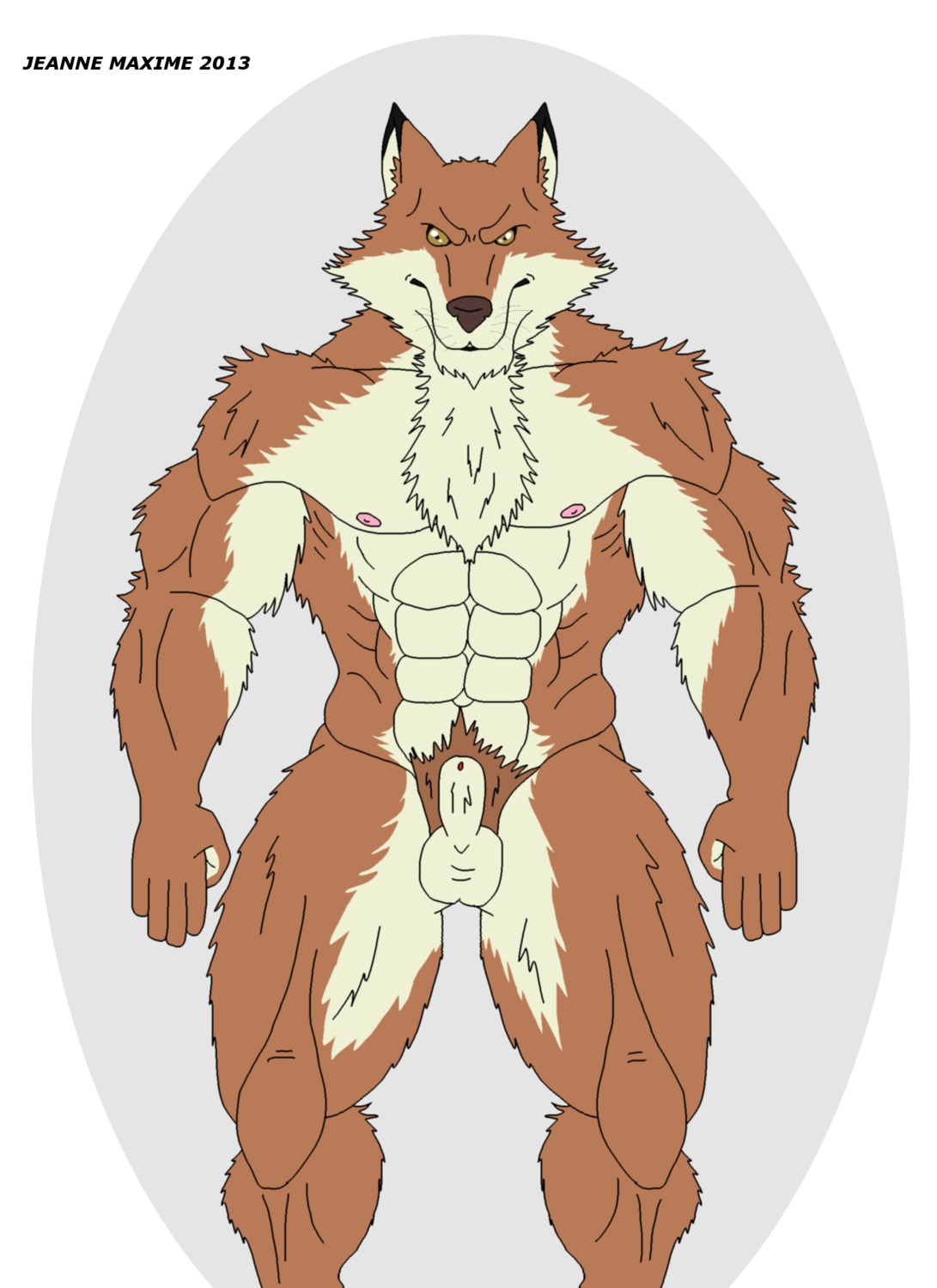 2013 abs absurd_res anthro balls biceps biped bleach_(series) brown_body brown_fur canid canine canis e621 fur fur_tan genitals hi_res looking_at_viewer male mammal maxime-jeanne muscular muscular_anthro muscular_male nipples nude pecs pose sajin_komamura solo standing tan_body tan_fur wolf yellow_eyes