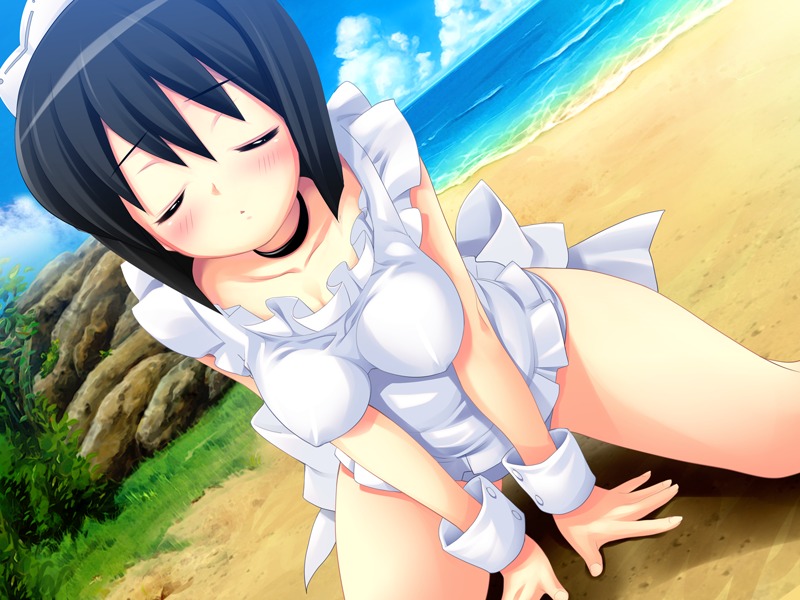 beach black_hair blush breasts closed_eyes female game_cg kneeling large_breasts ocean rule34 siesta_(zero_no_tsukaima) team-tanabe zero_no_tsukaima