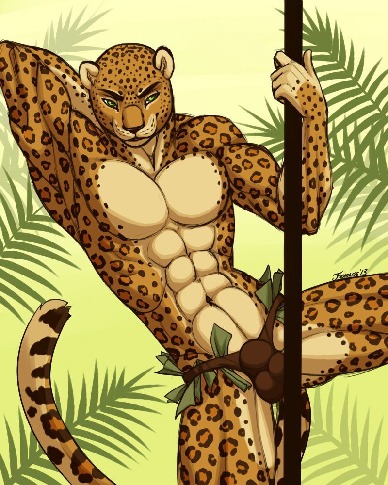 2013 4:5 abs anthro athletic balls_outline biceps black_nose bulge clothed clothing dancing detailed_bulge e621 felid feralise flexing fur genital_outline green_eyes grin hand_behind_head holding_fixture jaguar male mammal markings money money_in_thong muscular muscular_anthro pantherine pecs pole pole_dancing pose smile solo spots stripper thong topless underwear
