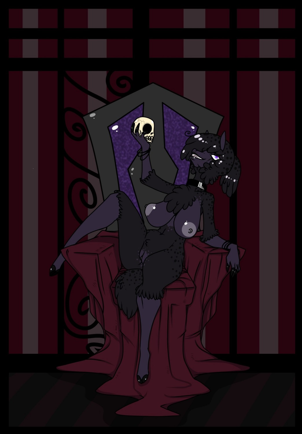 alpaca alternative_fashion big_breasts big_nipples bone bracelet breasts camelid chair collar demonnyuu e621 female furniture genitals goth grey_nipples hi_res hooves jewelry looking_at_viewer mammal miserella nipples purple_eyes sagging_breasts sitting skull smile solo spread_legs spreading throne vulva wide_hips