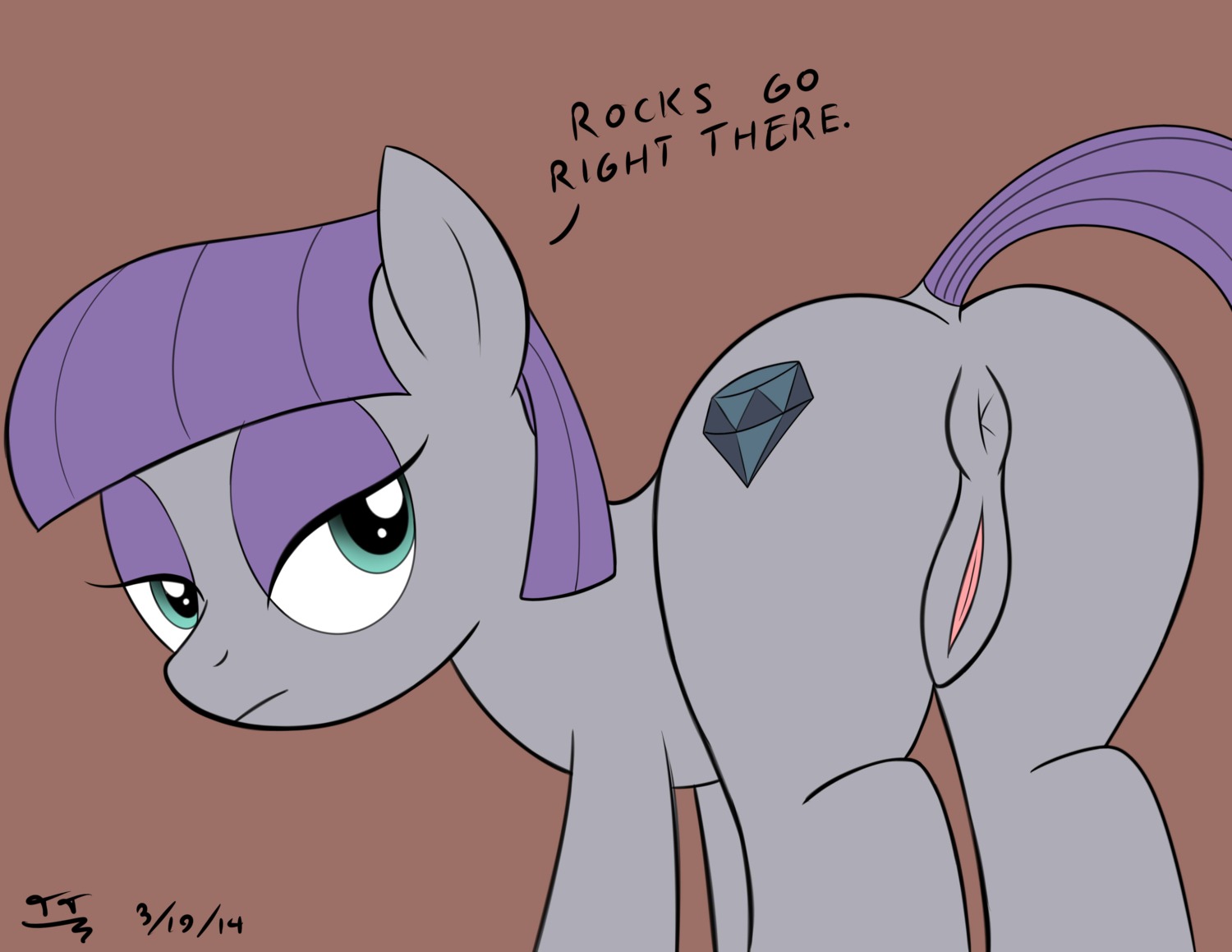 2014 absurd_res anus blue_eyes butt cutie_mark dialogue e621 earth_pony english_text equid equine female feral friendship_is_magic fur genitals grey_body grey_fur hair half-closed_eyes hasbro hi_res horse mammal maud_pie_(mlp) my_little_pony narrowed_eyes pony purple_hair simple_background solo text tomtornados vulva