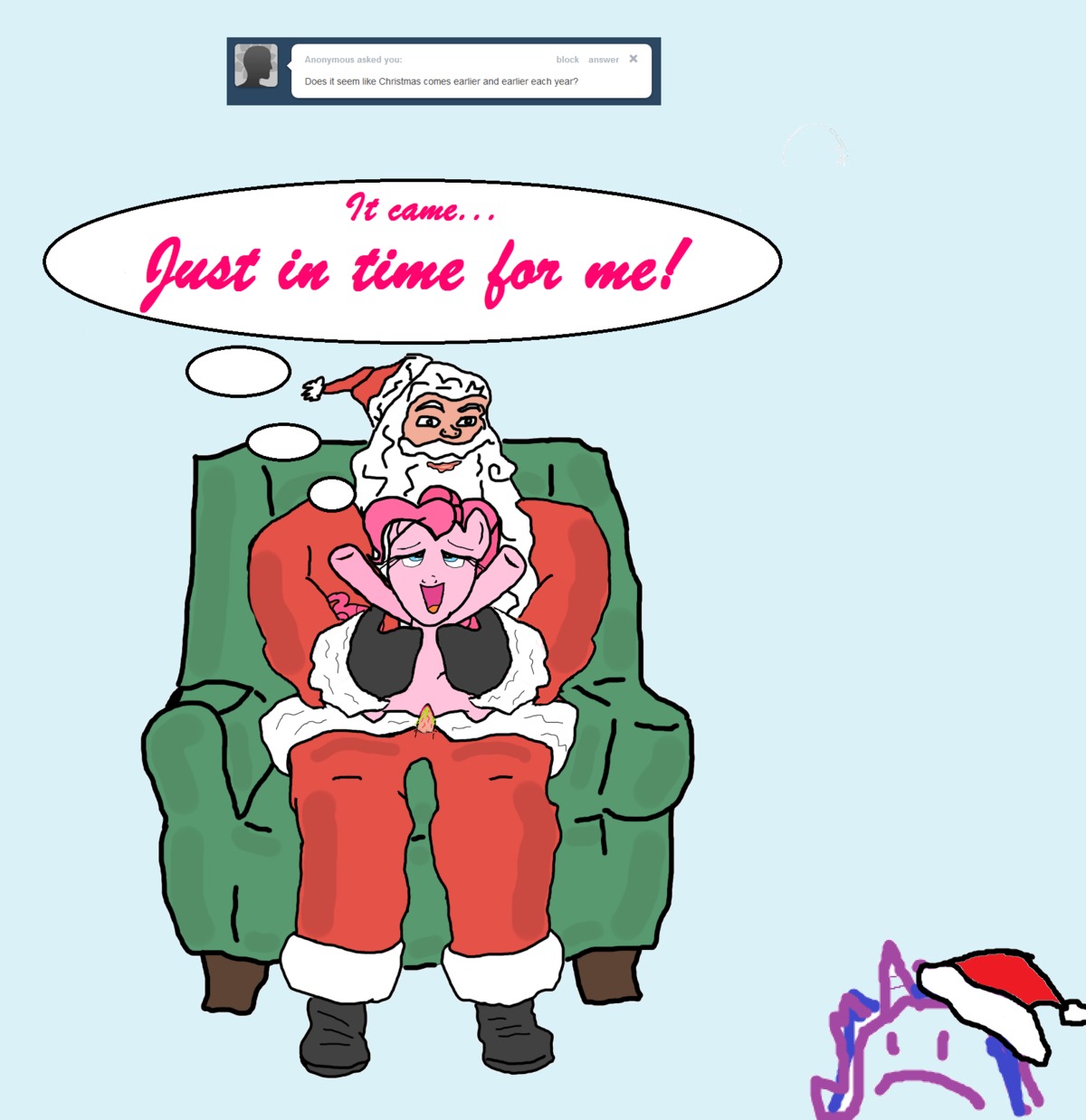 2012 beard bestiality blue_eyes chair christmas christmas_clothing christmas_headwear clothing duo_focus e621 earth_pony english_text equid equine facial_hair female feral feral_penetrated friendship_is_magic furniture genitals group hasbro hat headgear headwear hi_res holidays horse human human_on_feral human_penetrating human_penetrating_feral interspecies male male/female male_on_feral mammal mspaintponies my_little_pony penetration penis pinkie_pie_(mlp) pony santa_claus santa_hat sex simple_background text tumblr twilight_panda vaginal vaginal_penetration white_background