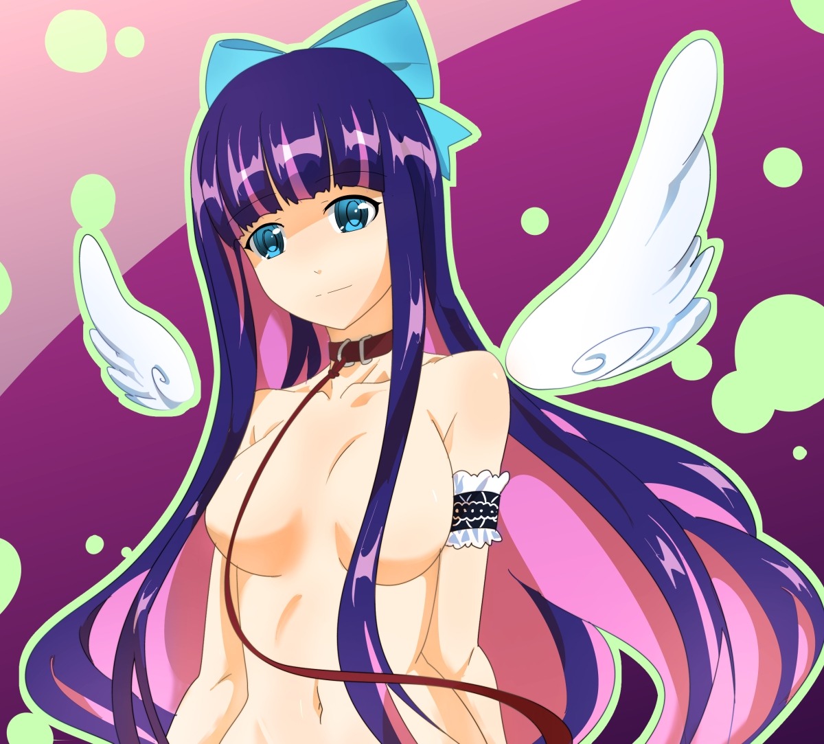 breasts collar covering female large_breasts panty_&amp;_stocking_with_garterbelt rule34 smile stocking_anarchy straight_hair wings_tied