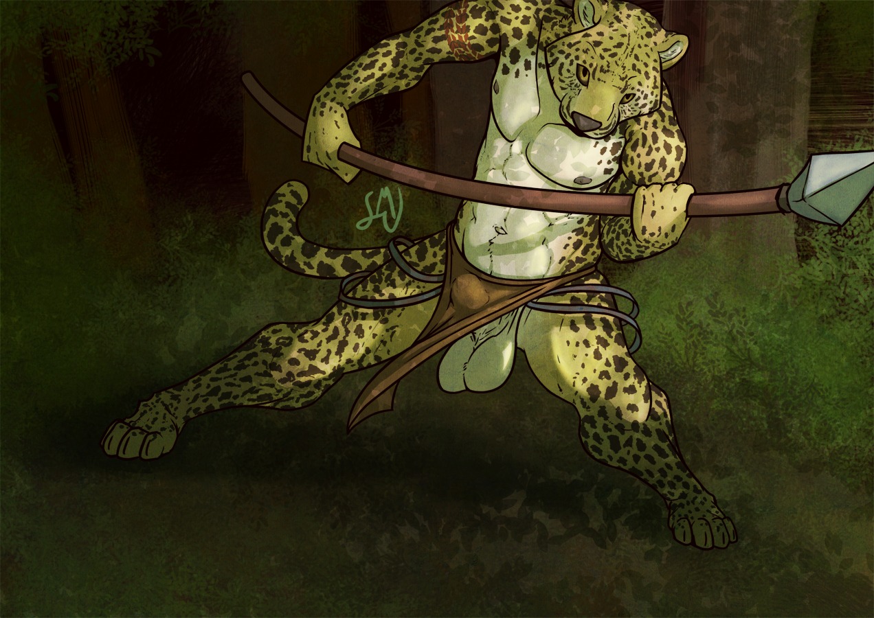 2011 4_toes anthro balls barefoot big_balls biped bottomwear bottomwear_aside bulge clothed clothing clothing_aside detailed_background e621 feet felid forest front_view genitals hunter ineffective_clothing ineffective_loincloth leopard loincloth loincloth_aside looking_at_viewer male mammal melee_weapon muscular muscular_anthro muscular_male nature nipples outside pantherine pecs plant polearm solo spear spread_legs spreading standing suck_mcjones tail tattoo toes topless tree tribal wardrobe_malfunction weapon white_balls wood