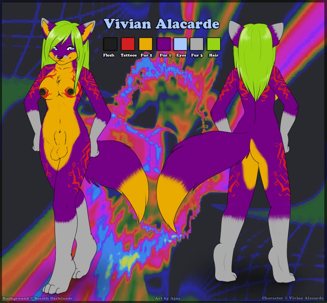 ajna animal_genitalia anthro balls biped blue_eyes breasts canid canine dipstick_tail e621 fox fully_sheathed genitals green_hair gynomorph hair intersex mammal markings model_sheet nipple_piercing nipples piercing sheath solo tail tail_markings tattoo vivian_alacarde