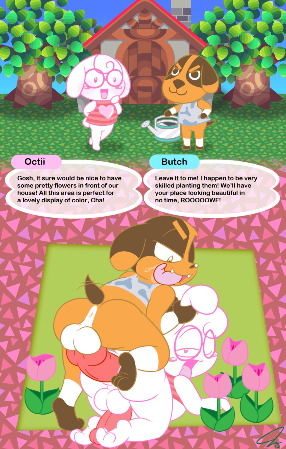 all_fours amphibian anal anal_penetration animal_crossing anthro backsack balls big_penis bottomless butch_(animal_crossing) canid canine canis clothed clothing dialogue dialogue_box doggystyle domestic_dog duo e621 english_text erection femboy flower from_behind_position genitals header header_box hi_res humanoid_genitalia humanoid_penis male male/male male_penetrated male_penetrating male_penetrating_male mammal mastiff molosser nintendo nude octii penetration penis penis_backwards plant psyredtails rottweiler salamander sex stretched_anus text text_header tight_fit tongue tongue_out tulip_(flower)