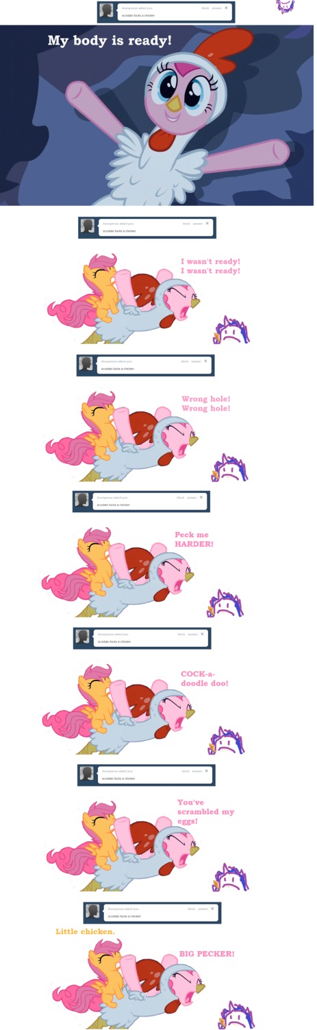 2012 absurd_res clothing costume e621 earth_pony english_text equid equine eyes_closed feathered_wings feathers female feral friendship_is_magic group hair hasbro hi_res horse male male/female mammal mspaintponies my_little_pony mythological_creature mythological_equine mythology pegasus pink_hair pinkie_pie_(mlp) pony profanity purple_hair scootaloo_(mlp) sex tail text tumblr twilight_panda wings young young_feral