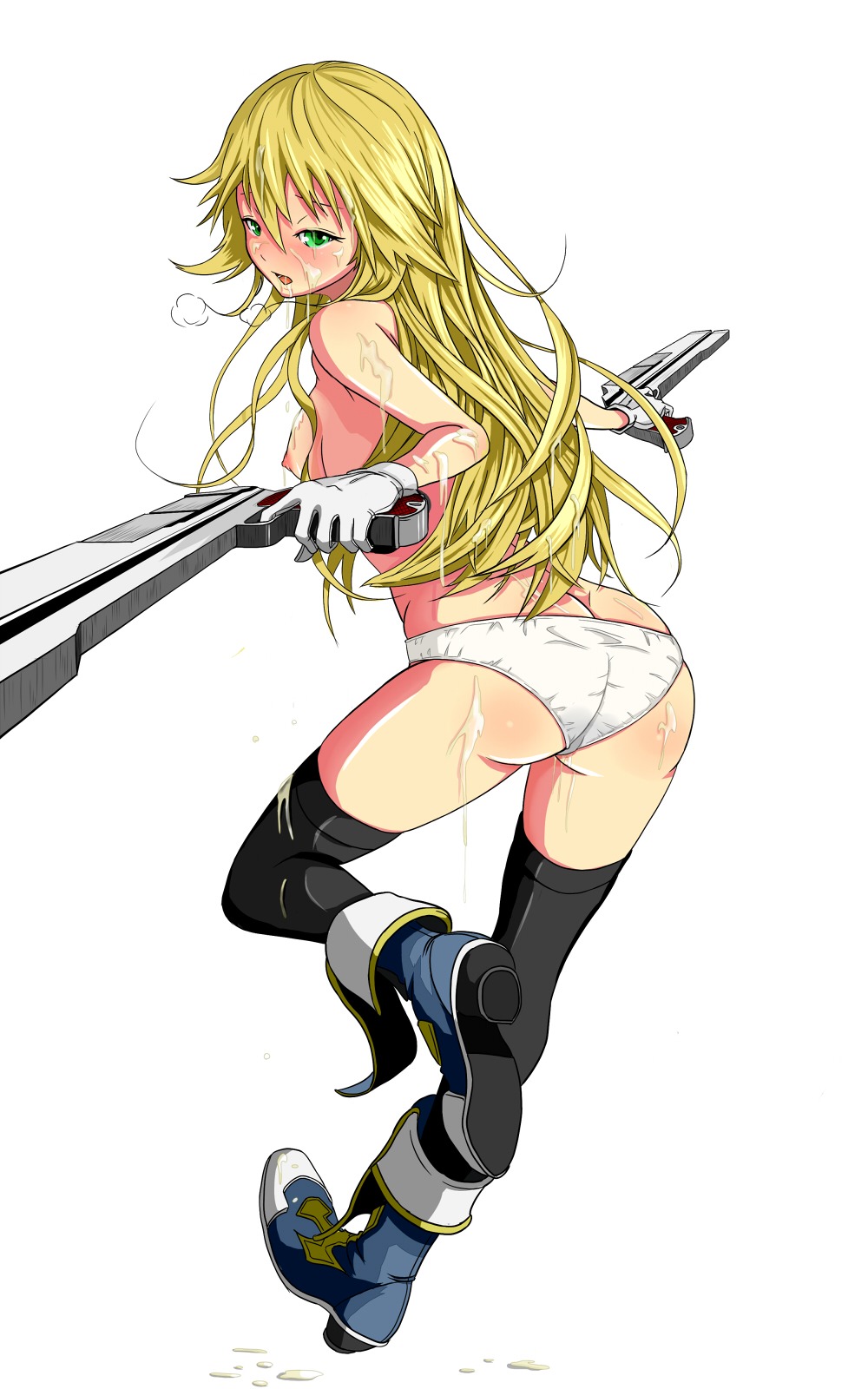 artist_request ass blazblue blonde_hair blush breathing bukkake cum cum_on_ass cum_on_body cum_on_chest cum_on_face cum_on_lower_body cum_on_upper_body embarrassed facial female green_eyes highres necktie noel_vermillion panties rule34 thighhighs tie underwear
