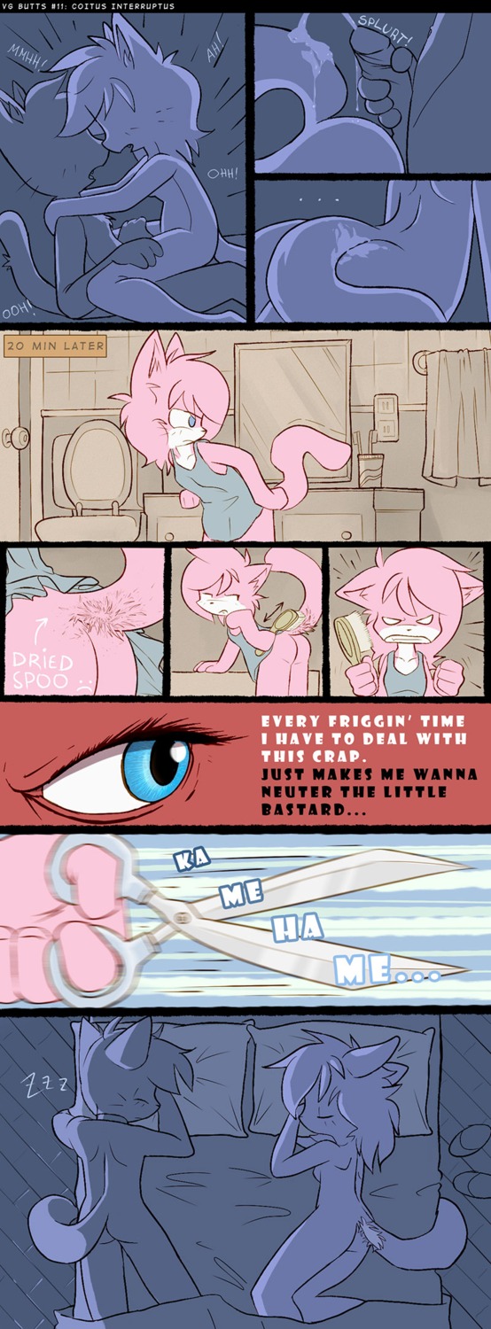 aeris_(vg_cats) anthro base_six_layout blockage_(layout) bodily_fluids butt caption_box comic countershading cum cum_on_butt cum_on_tail cumshot different_sound_effects directional_arrow domestic_cat double_ended_arrow duo e621 ejaculation emoticon english_text erection eyes_closed felid feline felis female fur furry_problems genital_fluids genitals hair hi_res horizontal_blockage humanoid_genitalia humanoid_penis humor information_label leo_(vg_cats) male male/female mammal moan number object_shot onomatopoeia orangebox orgasm penis pillow pink_body pink_fur pink_hair scissors sex sleeping sound_effects splurt spurting_sound_effect tail ten_frame_image text text_box time_lapse time_period vertical_blockage vg_cats vgbutts vowelless vowelless_sound_effect whiskers zzz