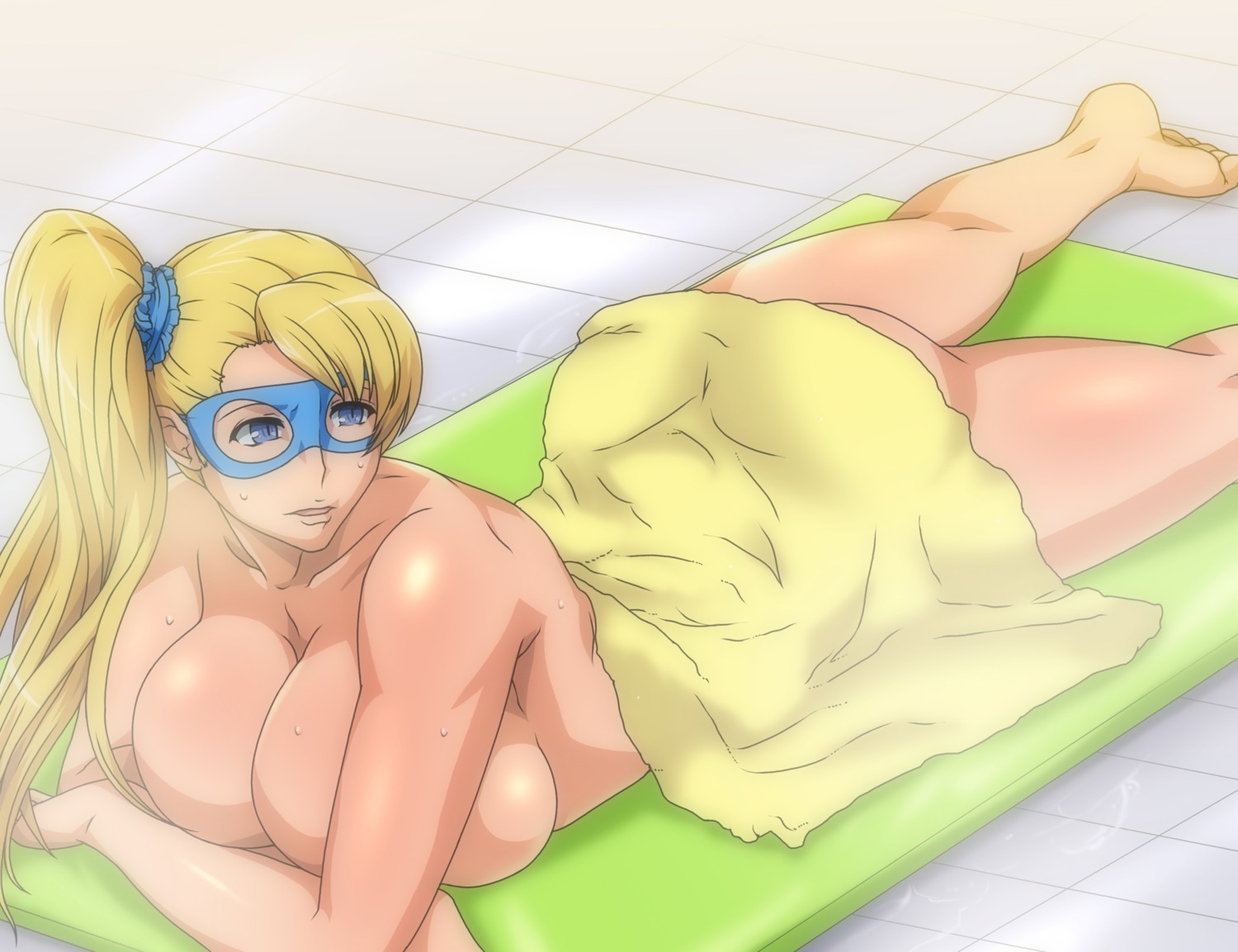 blonde_female blonde_hair breast_press breasts female female_only gureko_rouman hair human large_breasts mask rainbow_mika rule34 solo steam street_fighter street_fighter_alpha swimming_pool towel