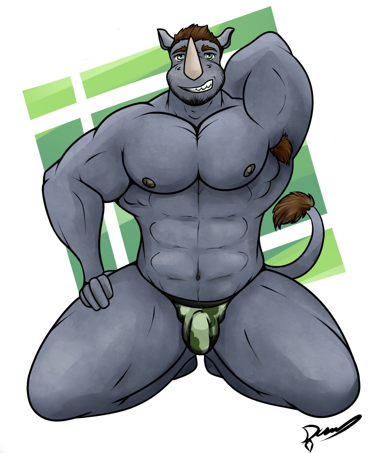 2014 5:6 abs abstract_background anthro armpit_hair biceps big_muscles biped body_hair brown_hair bulge clothed clothing detailed_bulge e621 facial_hair furrydanders genital_outline green_eyes hair hi_res horn kneeling looking_at_viewer male mammal muscular muscular_anthro muscular_male nipples pecs penis_outline rhinoceros simple_background smile solo teeth topless