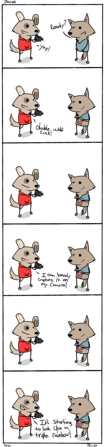 2010 2_penises :d animal_genitalia animal_penis anthro balls black_eyes black_nose bottomless brown_body brown_fur camera canid canine canine_genitalia canine_penis canis chest_tuft clothed clothing clothing_lift comic dialogue digital_media_(artwork) dipstick_ears domestic_dog dot_eyes duo e621 ear_markings english_text erection eye_contact flashing fur genitals hi_res holding_camera holding_object humor hybrid jinxed jjiinx_(character) knot long_image looking_at_another male mammal markings multi_genitalia multi_penis multicolored_body multicolored_ears multicolored_fur open_mouth penis recording shirt shirt_lift signature simple_background simple_eyes smile solid_circle_eyes standing stick_figure syynx tail tall_image tan_body tan_fur text topwear tuft what white_background white_body white_fur wolf