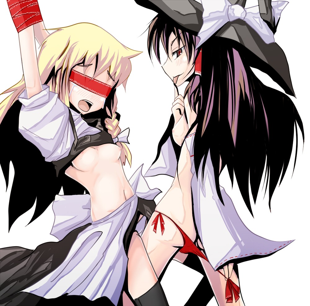 blindfold blonde_hair blush bondage breasts brown_hair color dateya_torahachi detached_sleeves female hat human imminent_rape long_hair marisa_kirisame mokujinn multiple_females multiple_girls nipples panties reimu_hakurei ribbon ribbon_bondage rule34 side-tie_panties tears thighhighs tongue touhou underwear witch_hat yuri