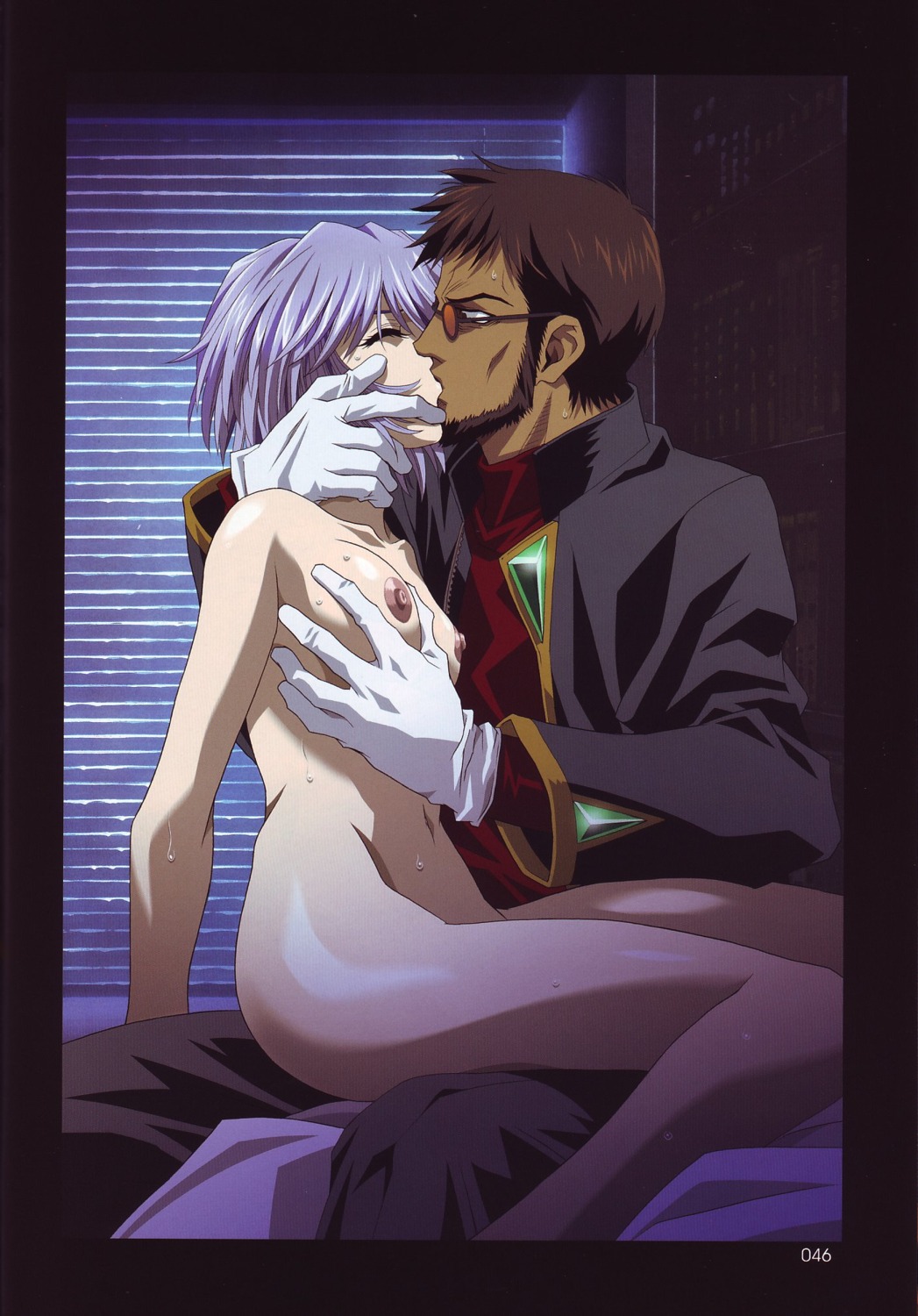 bed blue_hair breast_squeeze breasts clothed_male_nude_female clothing female gendo_ikari glasses hair highres kawarajima_kou kissing lap_sitting male medium_breasts neon_genesis_evangelion nude rei_ayanami rule34 short_hair sitting sitting_on_lap sitting_on_person straight_hair sweat