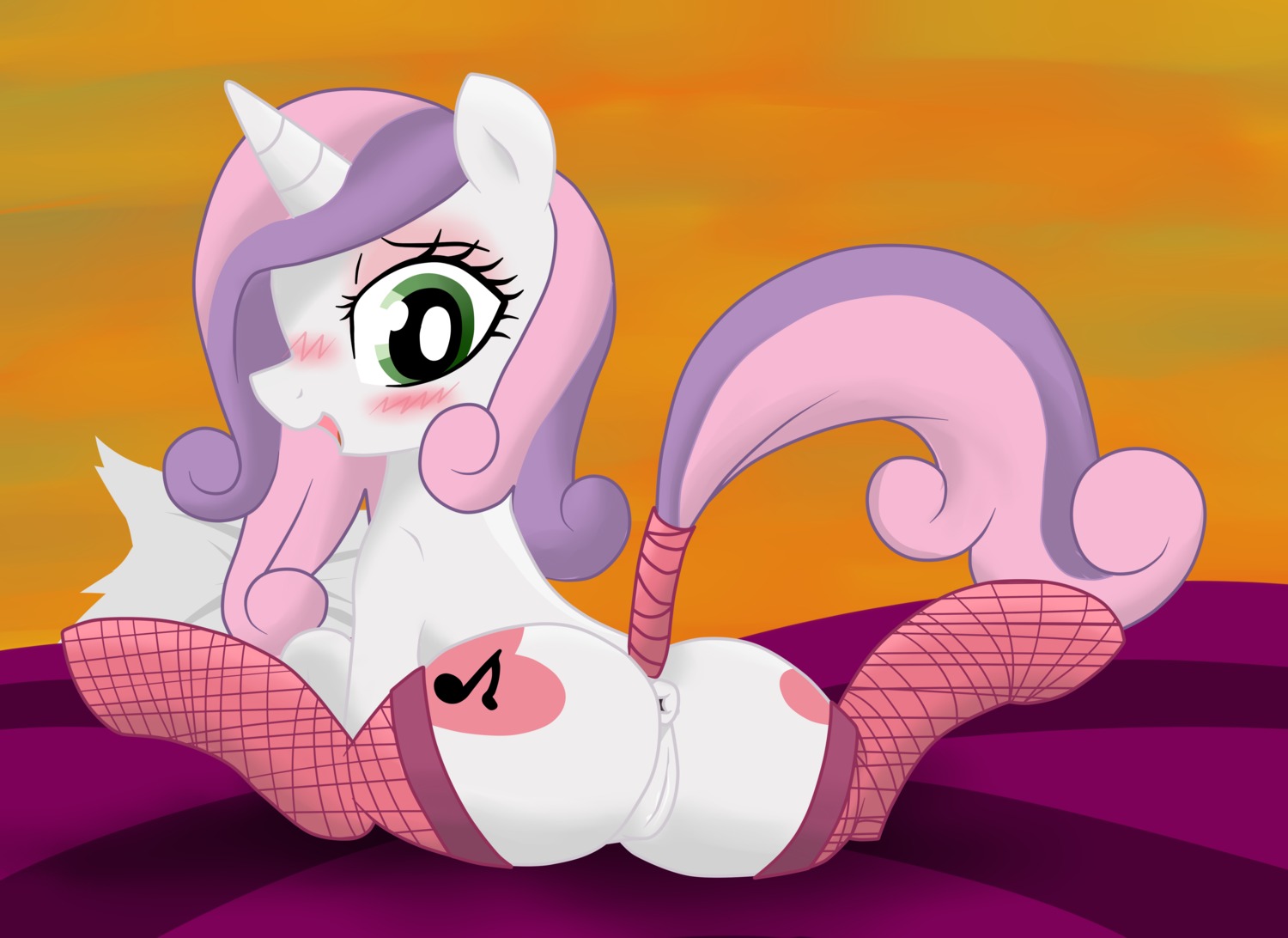 absurd_res anus butt clothing cutie_mark e621 equid equine female feral friendship_is_magic fur genitals green_eyes hair hasbro hi_res horn jetwave legwear looking_at_viewer mammal multicolored_hair my_little_pony mythological_creature mythological_equine mythology raised_tail solo stockings sweetie_belle_(mlp) tail two_tone_hair unicorn vulva white_body white_fur