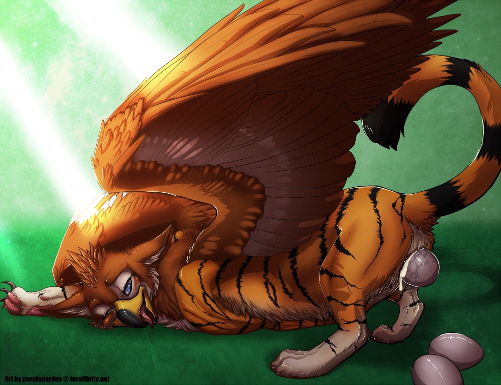 avian beak blue_eyes bodily_fluids claws e621 egg feathered_wings feathers female feral genital_fluids genitals gryphon looking_back mythological_avian mythological_creature mythology namugriff nude oviposition purplepardus raised_tail solo spread_legs spreading tail tongue tongue_out vaginal_fluids vulva wings