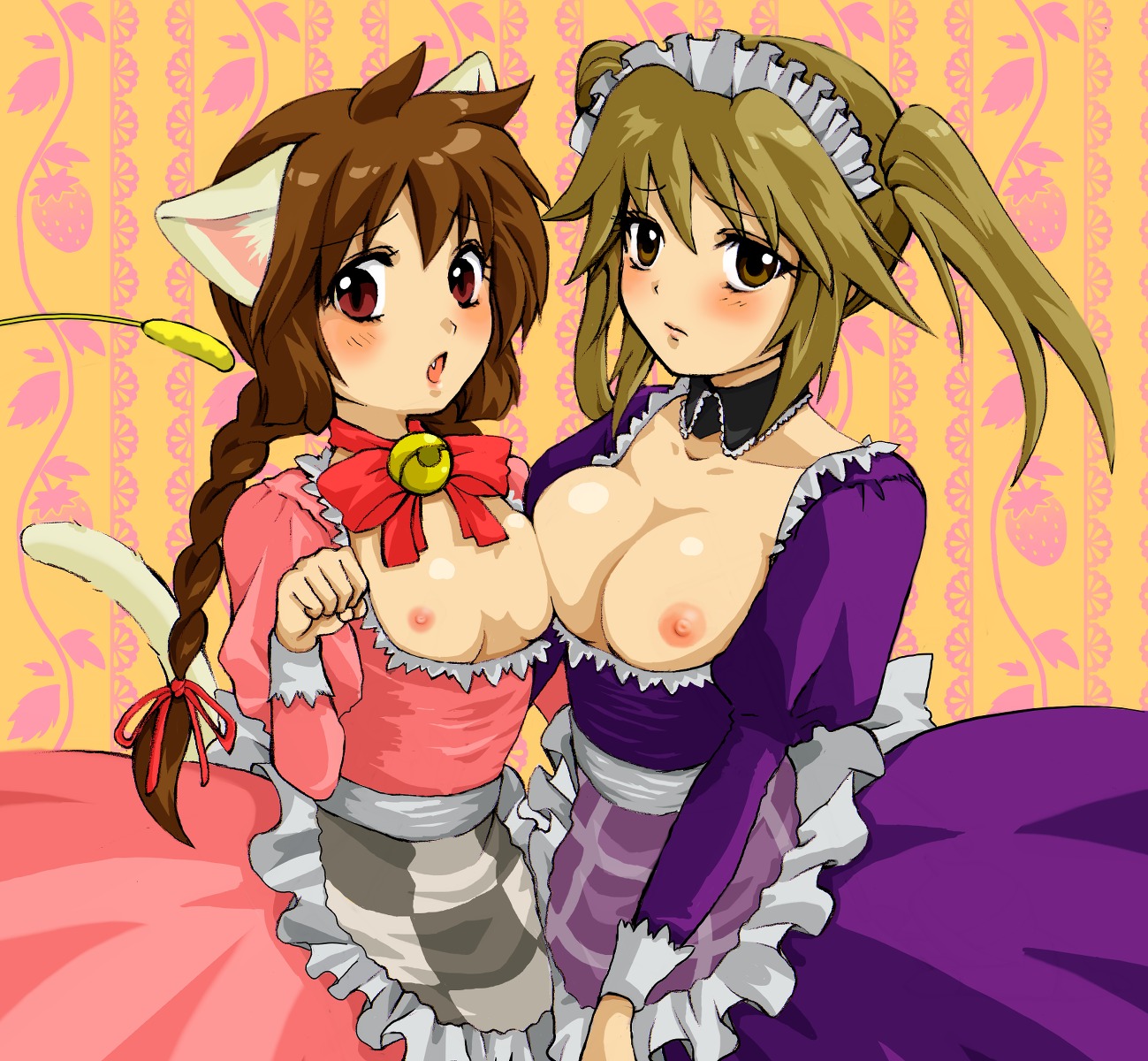 2girls bell blush breasts breasts_out brown_eyes brown_hair cat_ears cat_tail female female_only frown large_breasts madotsuki maid maid_headdress maid_uniform multiple_females multiple_girls red_eyes rule34 small_breasts twin_braids urotsuki yume_2kki yume_nikki