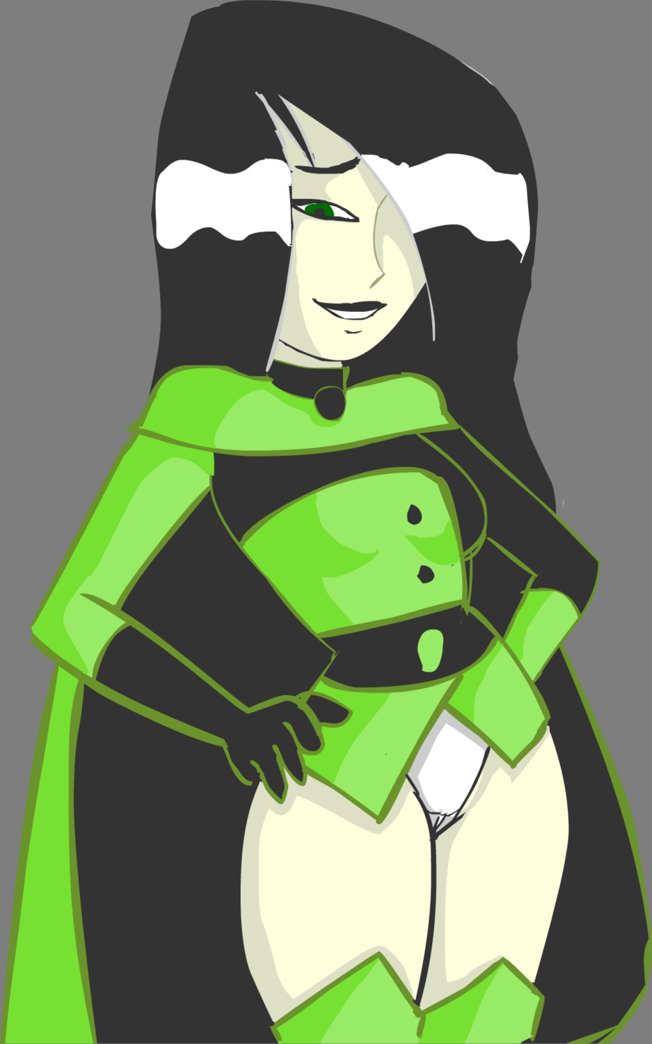 1girls black_hair breasts cape disney female female_only gkg green_eyes hair_over_one_eye hourglass_figure human kim_possible looking_at_viewer panties rule34 shego shiny_hair small_breasts smile solo straight_hair