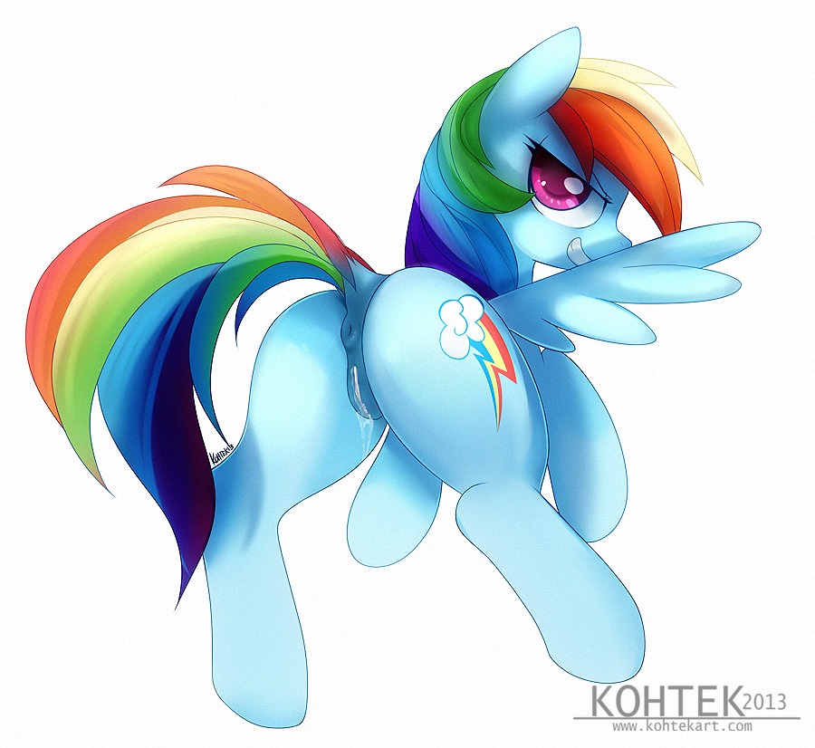 2013 anus blue_body blue_feathers blue_fur bodily_fluids butt cutie_mark e621 equid equine feathered_wings feathers female feral friendship_is_magic fur genital_fluids genitals grin hair hasbro kohtek looking_at_viewer looking_back mammal multicolored_hair multicolored_tail my_little_pony mythological_creature mythological_equine mythology nude pegasus presenting presenting_hindquarters presenting_vulva puffy_anus purple_eyes rainbow_dash_(mlp) rainbow_hair rainbow_tail simple_background smile solo tail vaginal_fluids vulva white_background wings