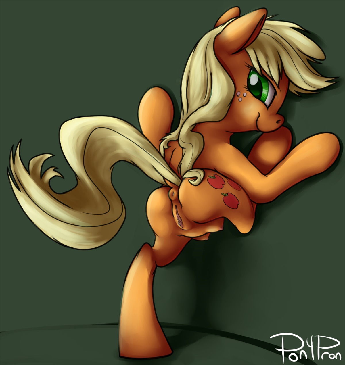 2014 anus applejack_(mlp) blonde_hair cutie_mark e621 earth_pony equid equine female feral freckles friendship_is_magic fur genitals green_eyes hair hasbro hi_res horse mammal my_little_pony orange_body orange_fur pony ponypron smile solo teats vulva