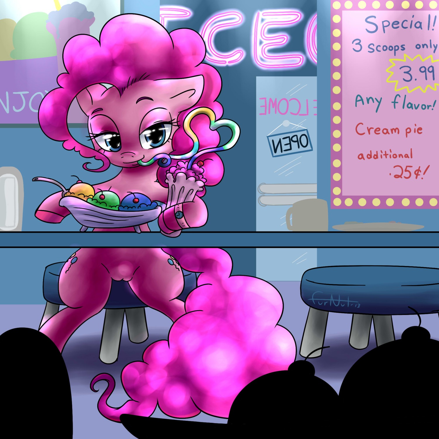 1:1 anthro blue_eyes cutie_mark dessert e621 earth_pony english_text equid equine female food friendship_is_magic fur furnut genitals hair hasbro hi_res horse ice_cream looking_at_viewer mammal my_little_pony nude pink_body pink_fur pink_hair pinkie_pie_(mlp) pony solo text vulva